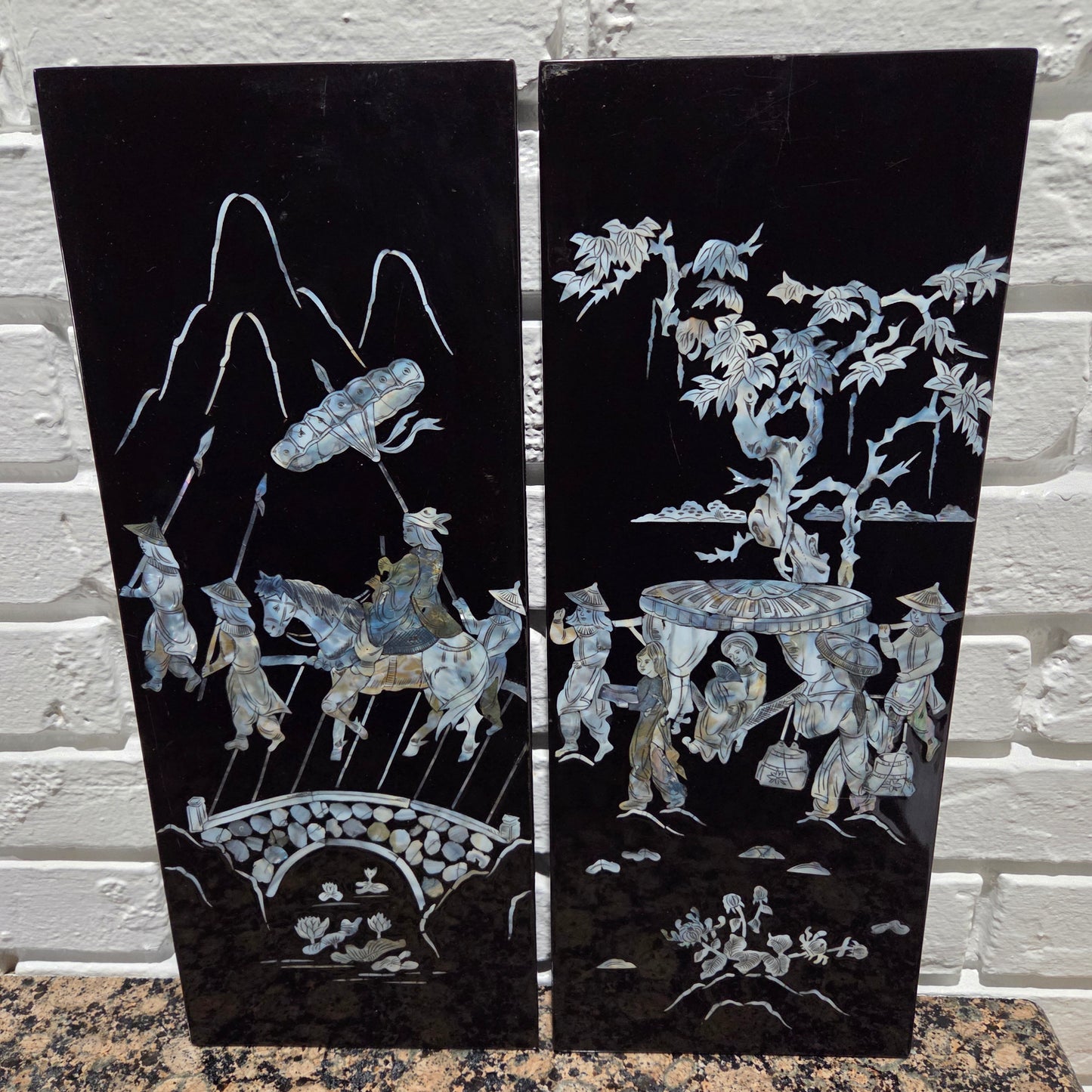 Asian Inlayed Mother Of Pearl On Black Laquer Wood Panel Horse Wall Decor 2p Set