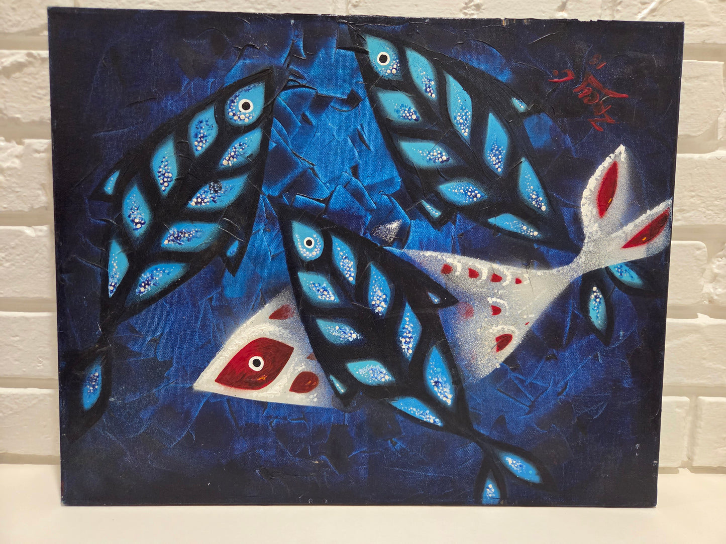 Original Painting Abstract Fish Blue Marine Ocean Mid Century Modern Art Signed