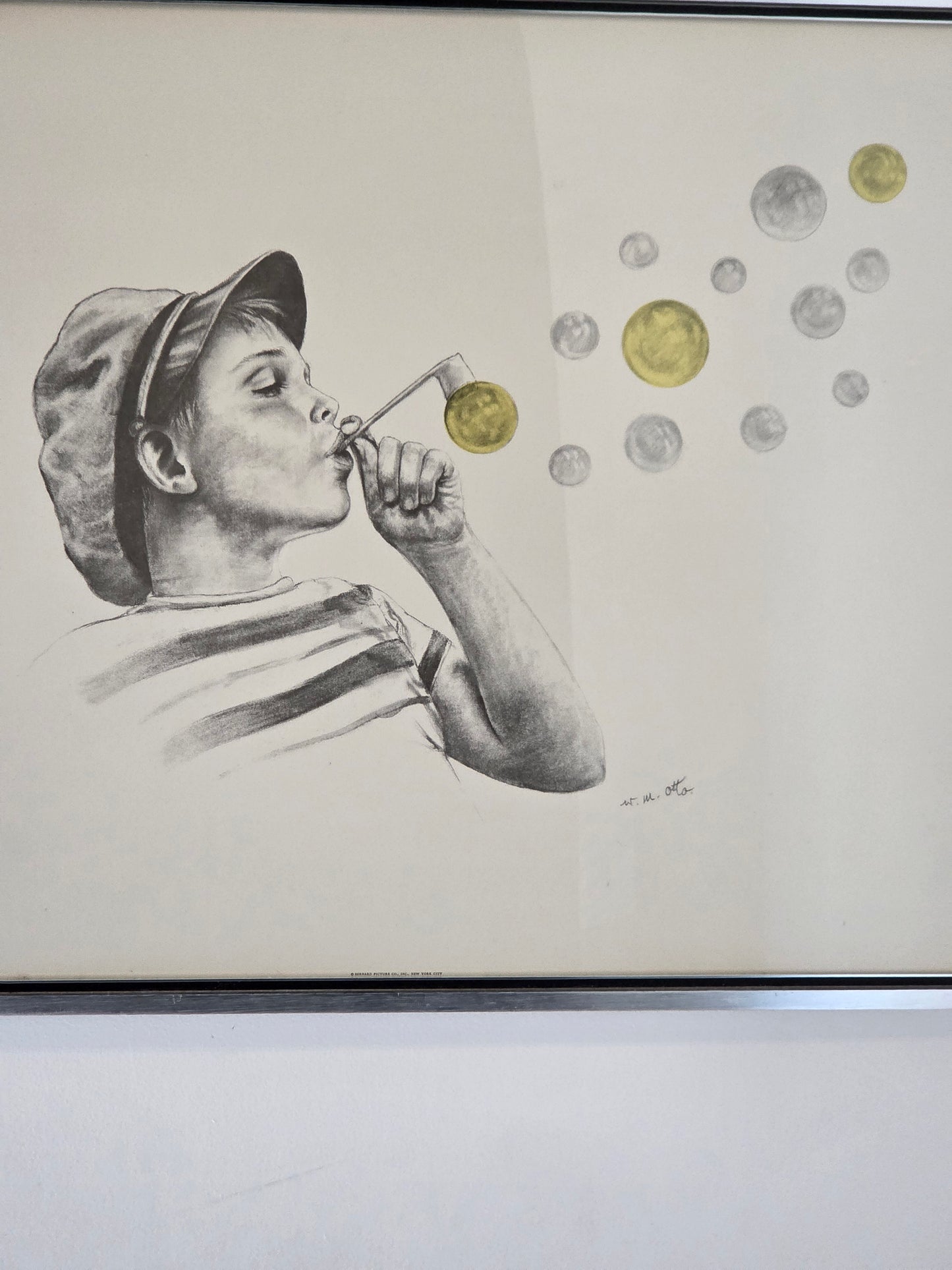 Original Wolfgang M Otto Pencil Drawing Signed Boy Blowing Bubble Artwork Framed