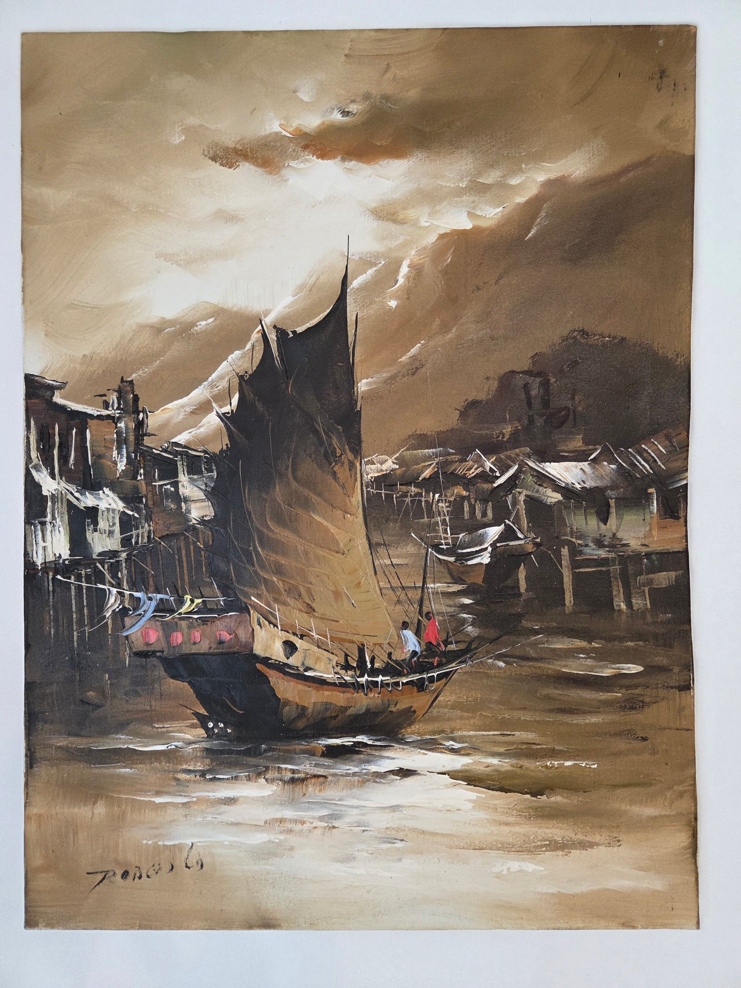 Original Asian Sail Boat Ship Harbor Painting Seascape Canvas Art Maritime Decor