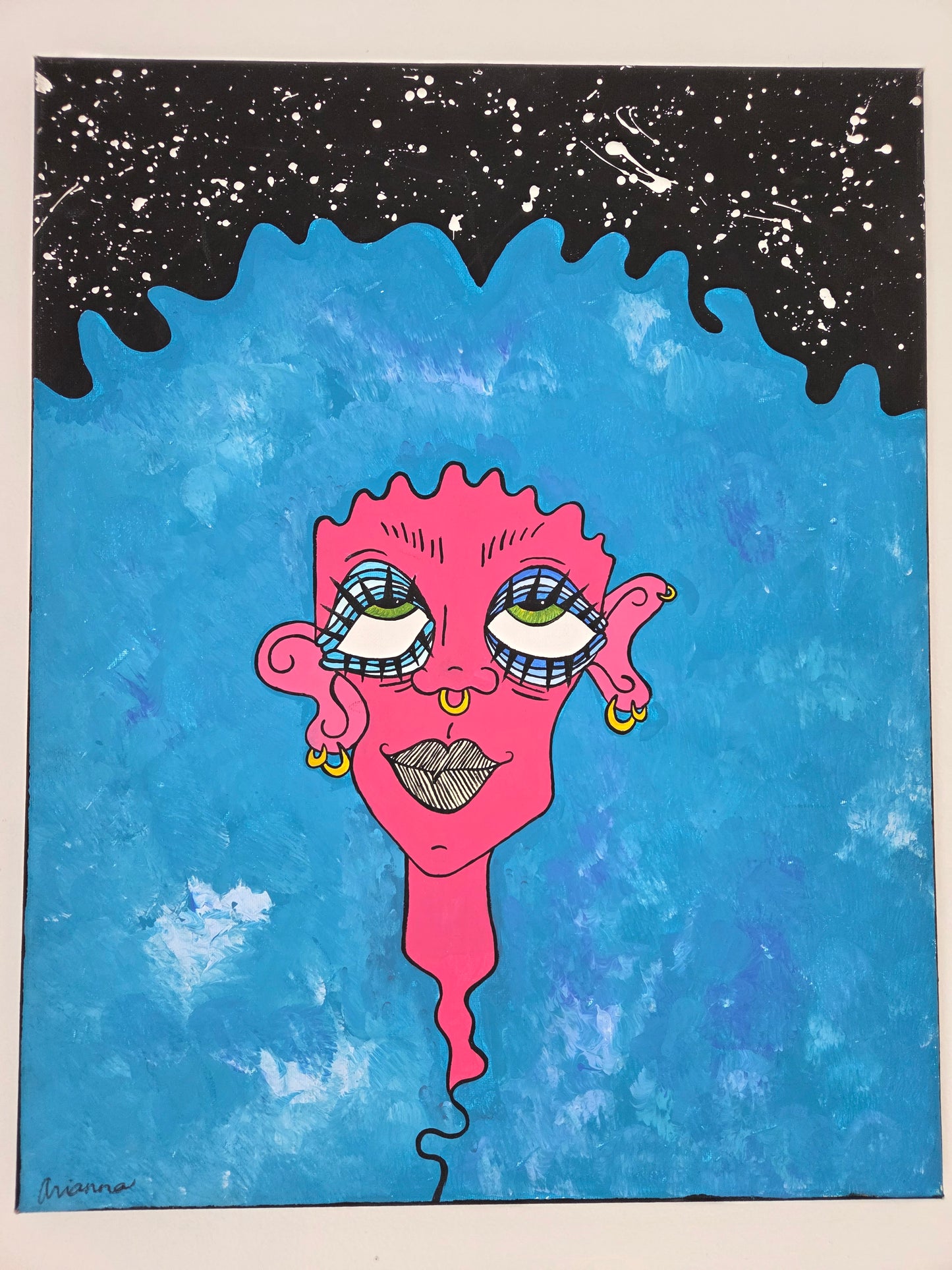 Original Hand-painted Vibrant Pop Art Blue Hair Pink Face girl on canvas Artwork