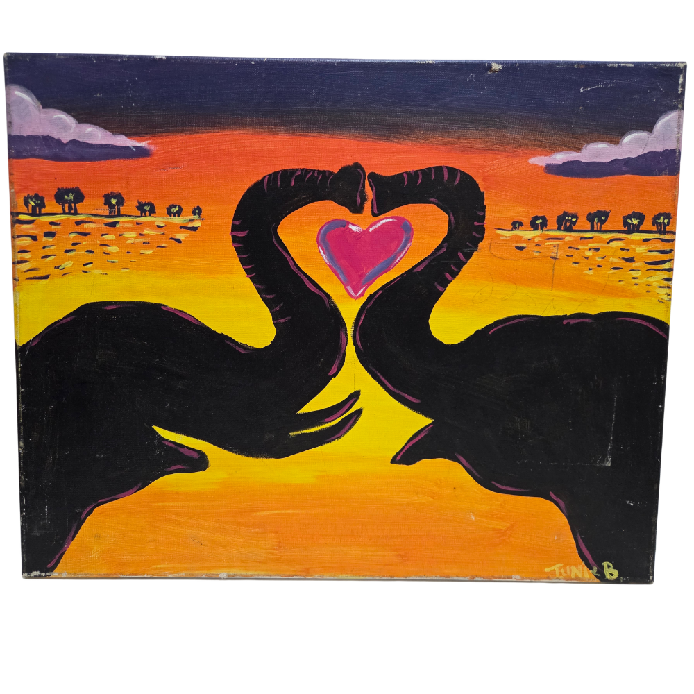 Original Painting On Canvas African Elephant Trunk Couple Love Heart Sunset Art