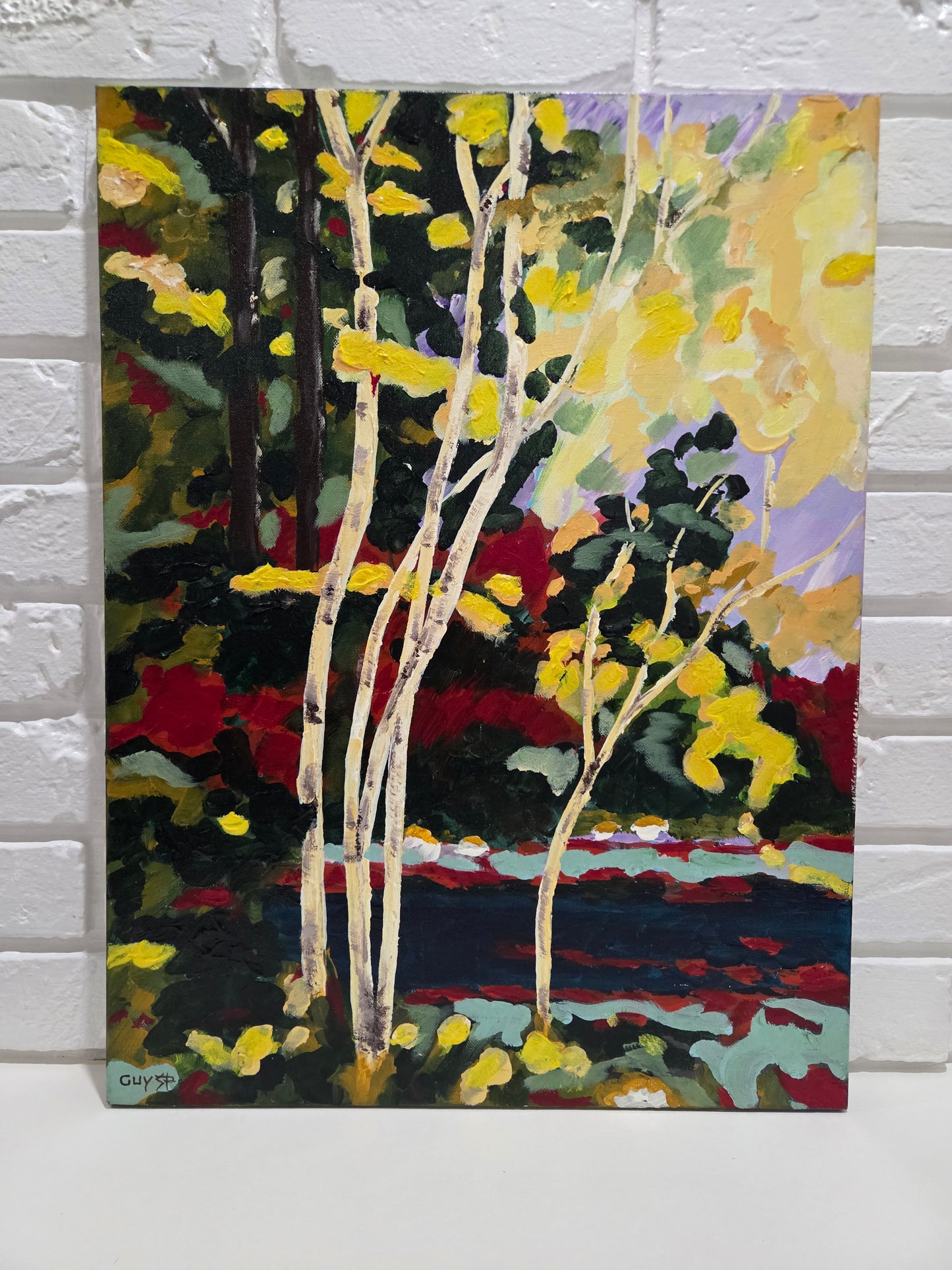 Original Forest Landscape Painting Birch Trees River Nature Acrylic Canvas Art