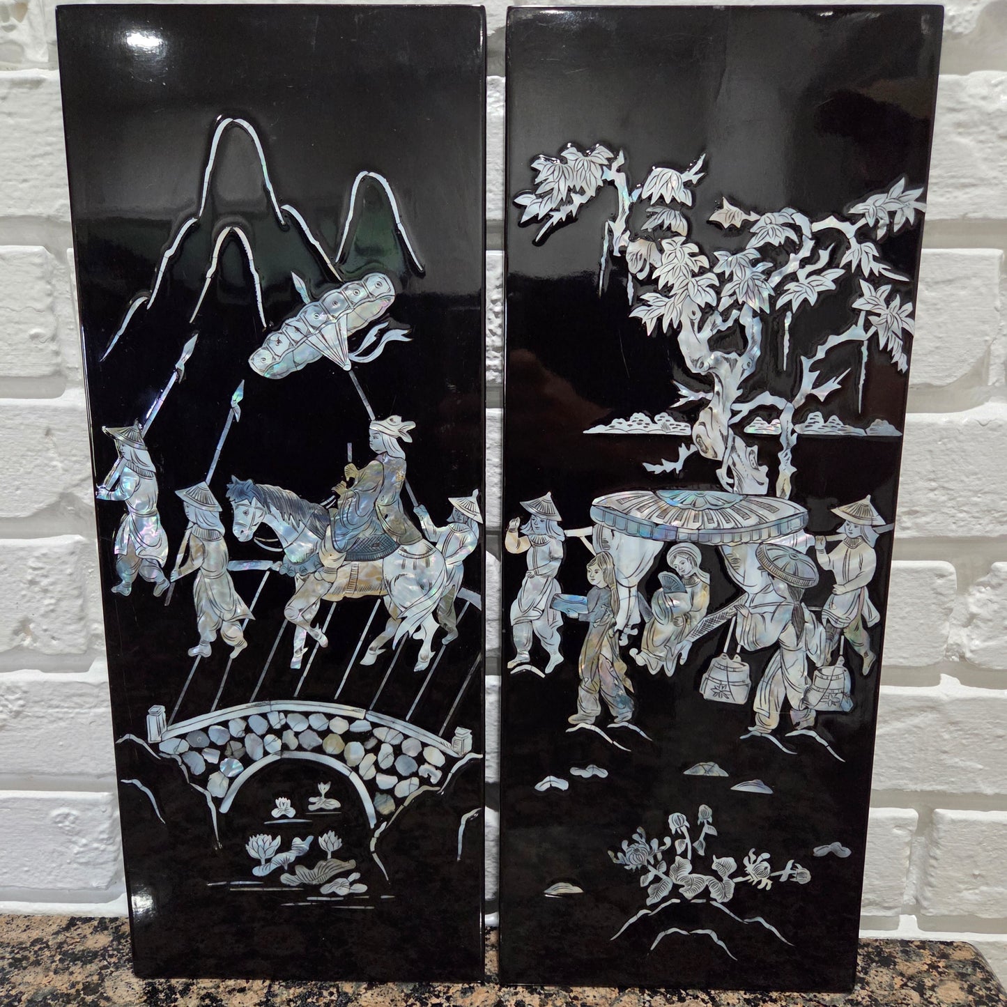 Asian Inlayed Mother Of Pearl On Black Laquer Wood Panel Horse Wall Decor 2p Set