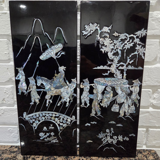 Asian Inlayed Mother Of Pearl On Black Laquer Wood Panel Horse Wall Decor 2p Set