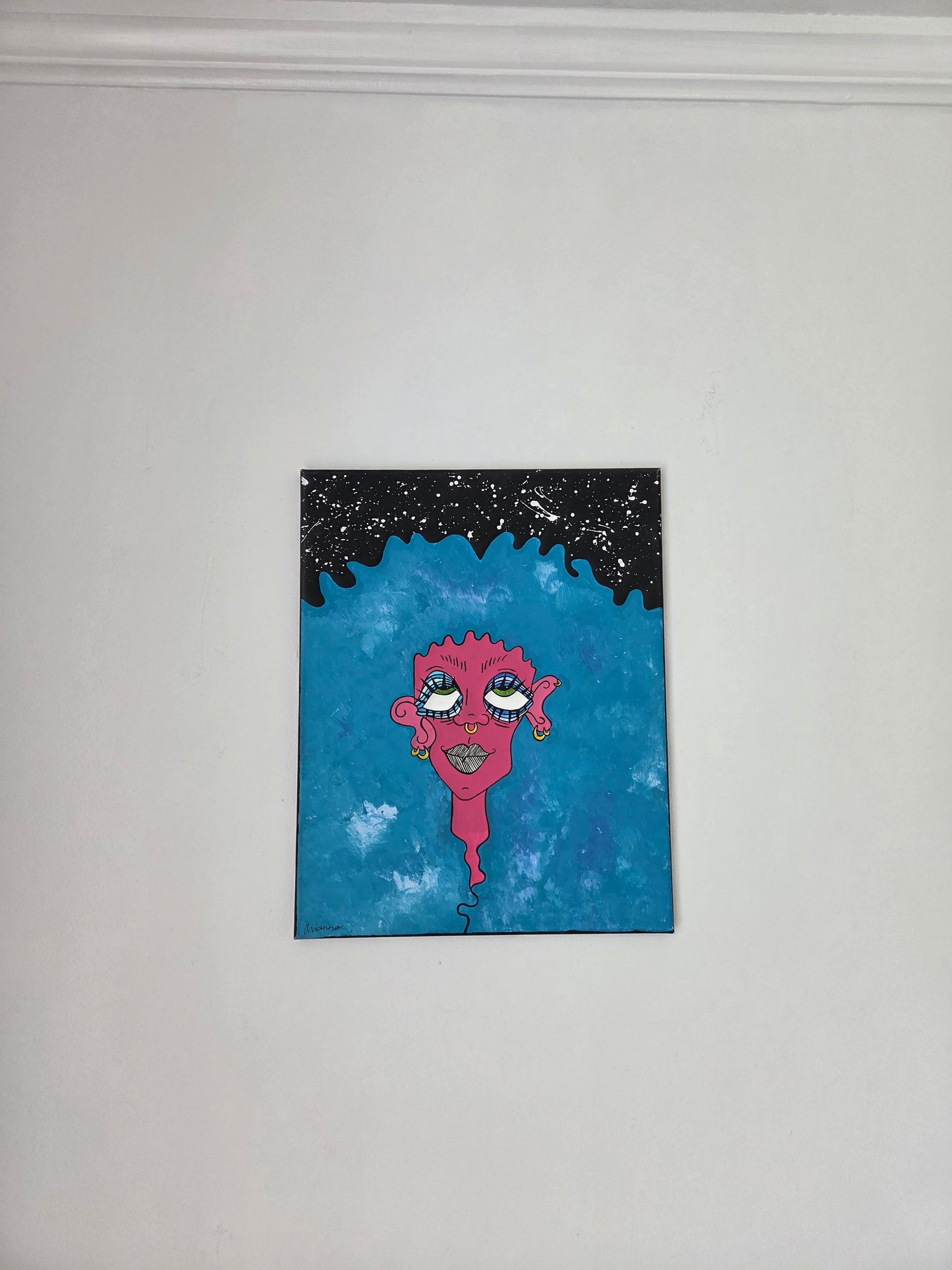 Original Hand-painted Vibrant Pop Art Blue Hair Pink Face girl on canvas Artwork