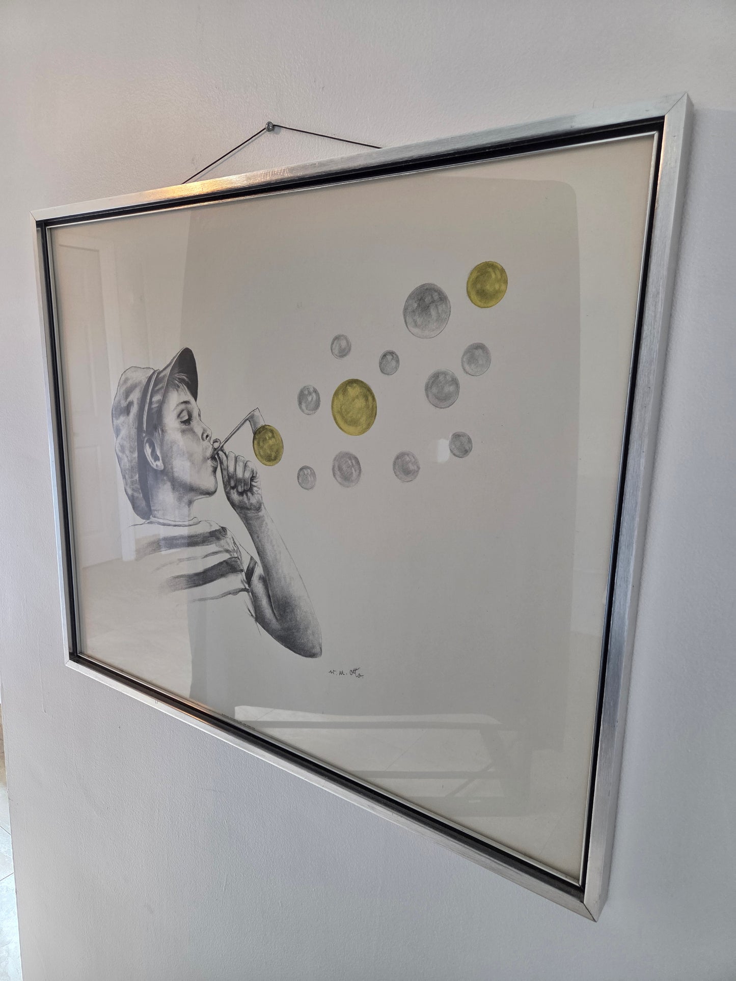 Original Wolfgang M Otto Pencil Drawing Signed Boy Blowing Bubble Artwork Framed