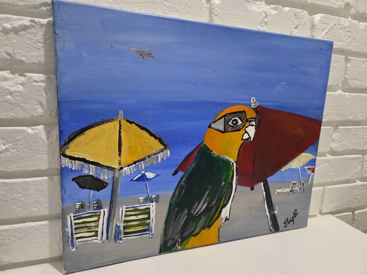 Original Tropical Parrot Bird Beach Island Painting On Canvas Signed Artwork Art