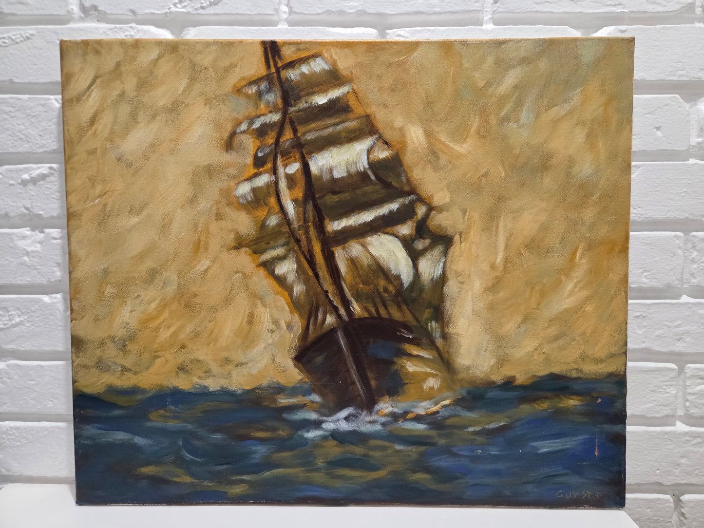 Sailing Ship Original Painting On Canvas Signed Nautical Seascape Ocean Wall Art