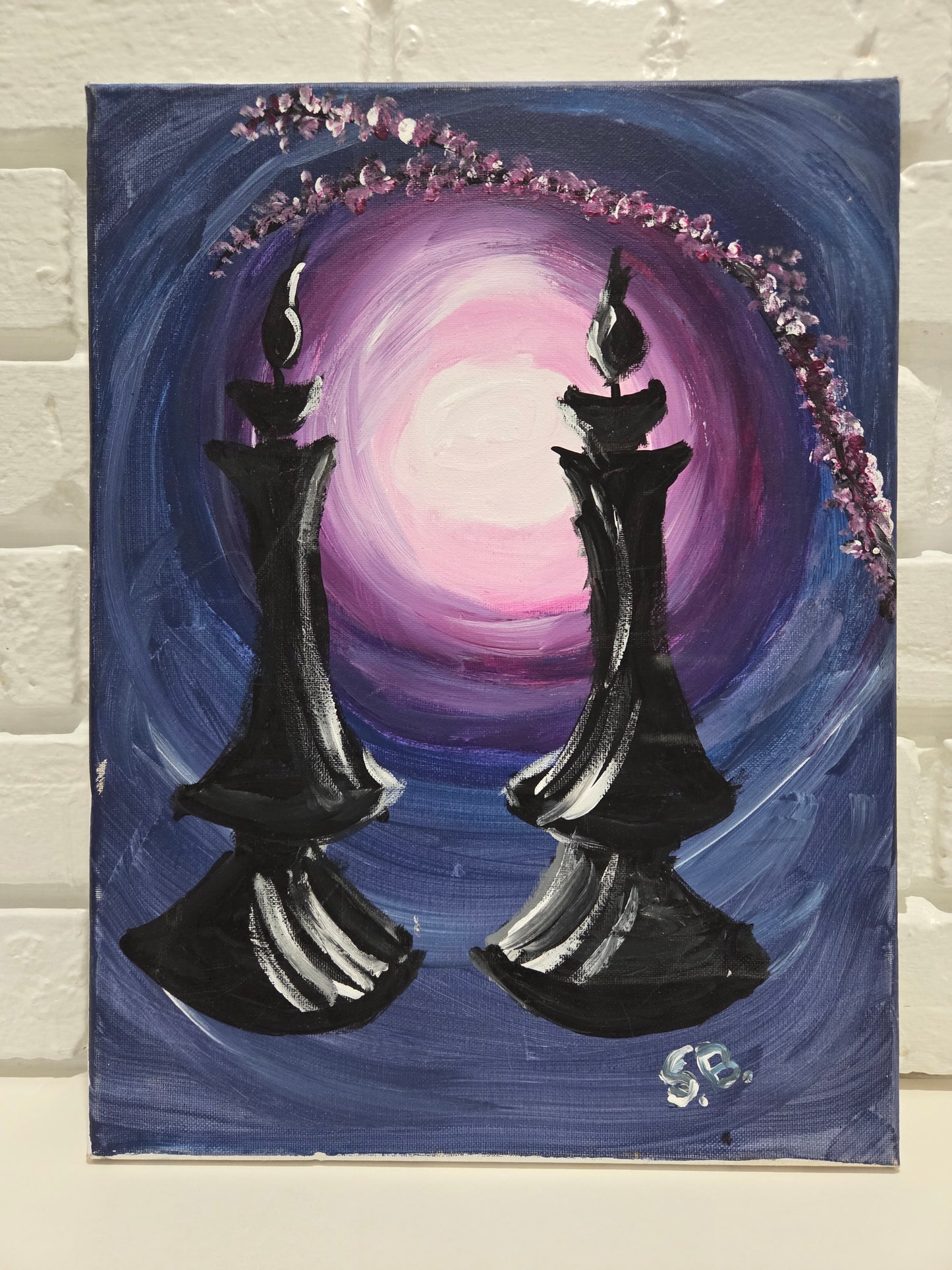 Original Acrylic Painting On Canvas Signed SB Artwork Chess Pawn Candle Moon Art