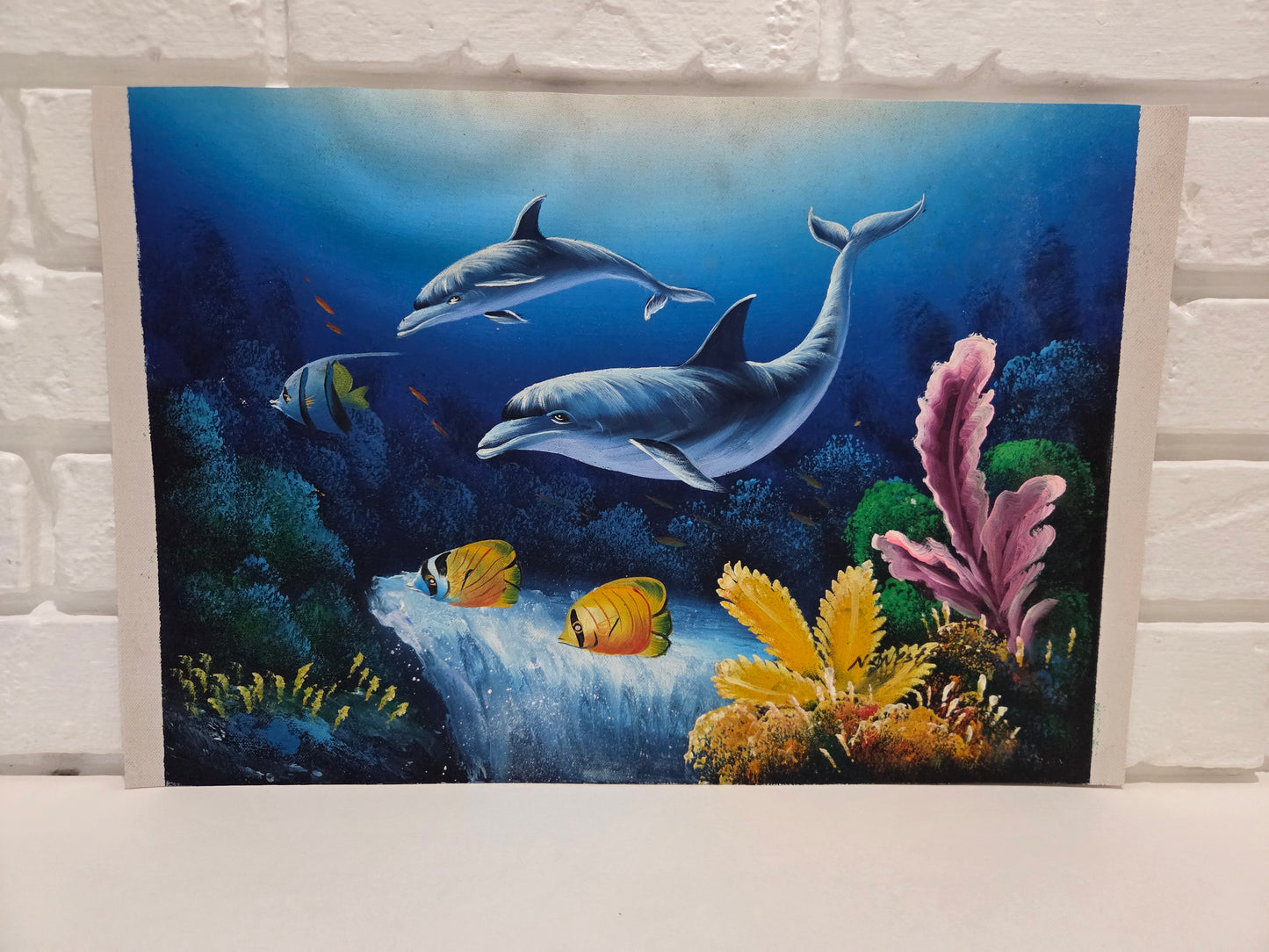 Dolphin Fish Coral Reef Painting Canvas Ocean Sea Marine Life Art Original Signd
