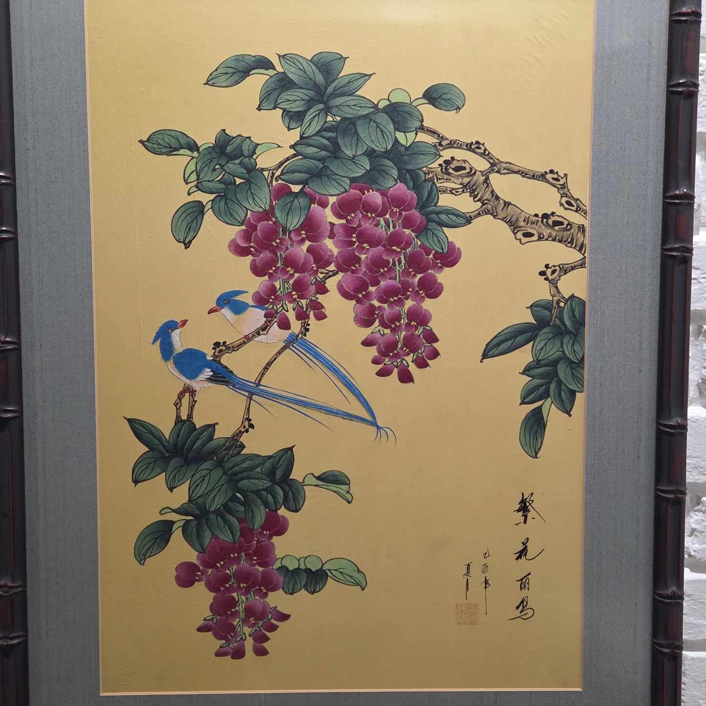 Japanese Original Painting On Silk Signed Long Tail Blue Birds Blooming Wisteria