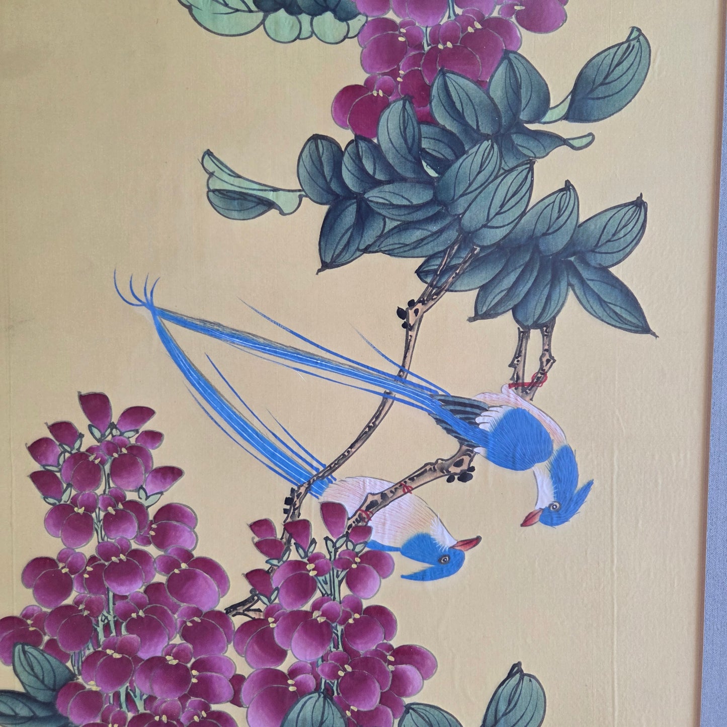 Japanese Original Painting On Silk Signed Long Tail Blue Birds Blooming Wisteria