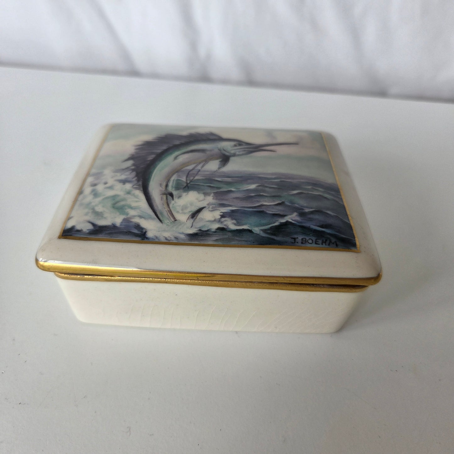 J.Boehm Porcelin Trinket Box Swordfish Sailfish Marlin Ocean Gold Trim Ceramic