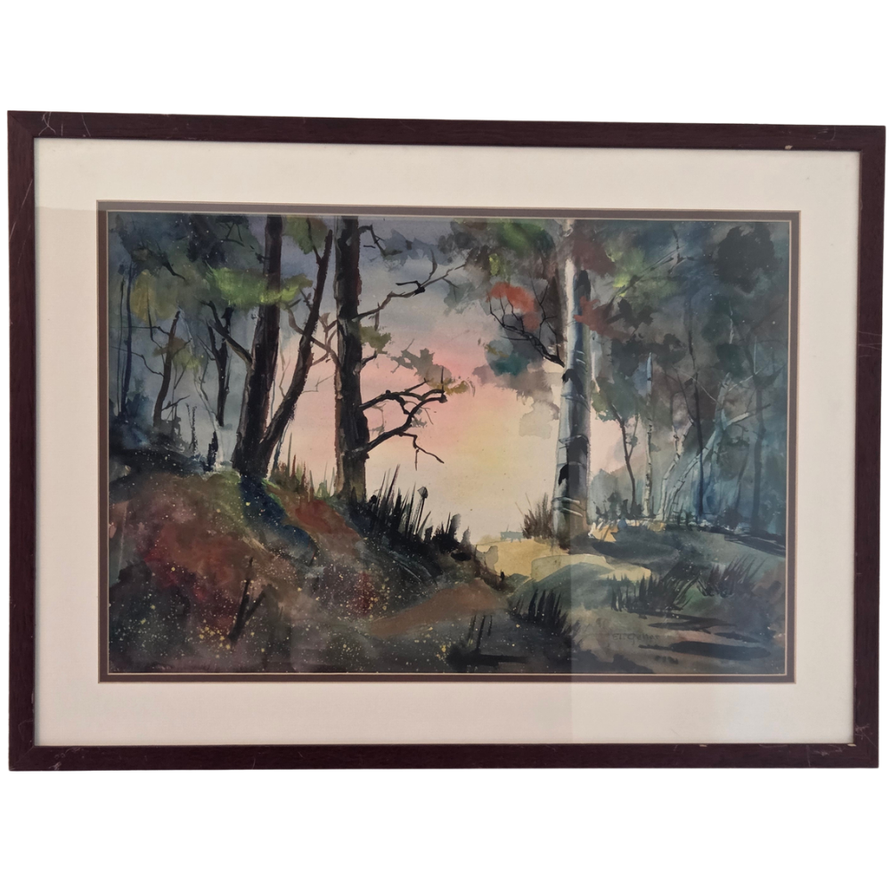 Eli Geller Signed Original Watercolor Painting Forest Trees Sunset Artwork Decor