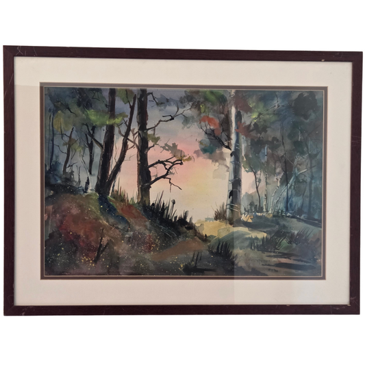 Eli Geller Signed Original Watercolor Painting Forest Trees Sunset Artwork Decor