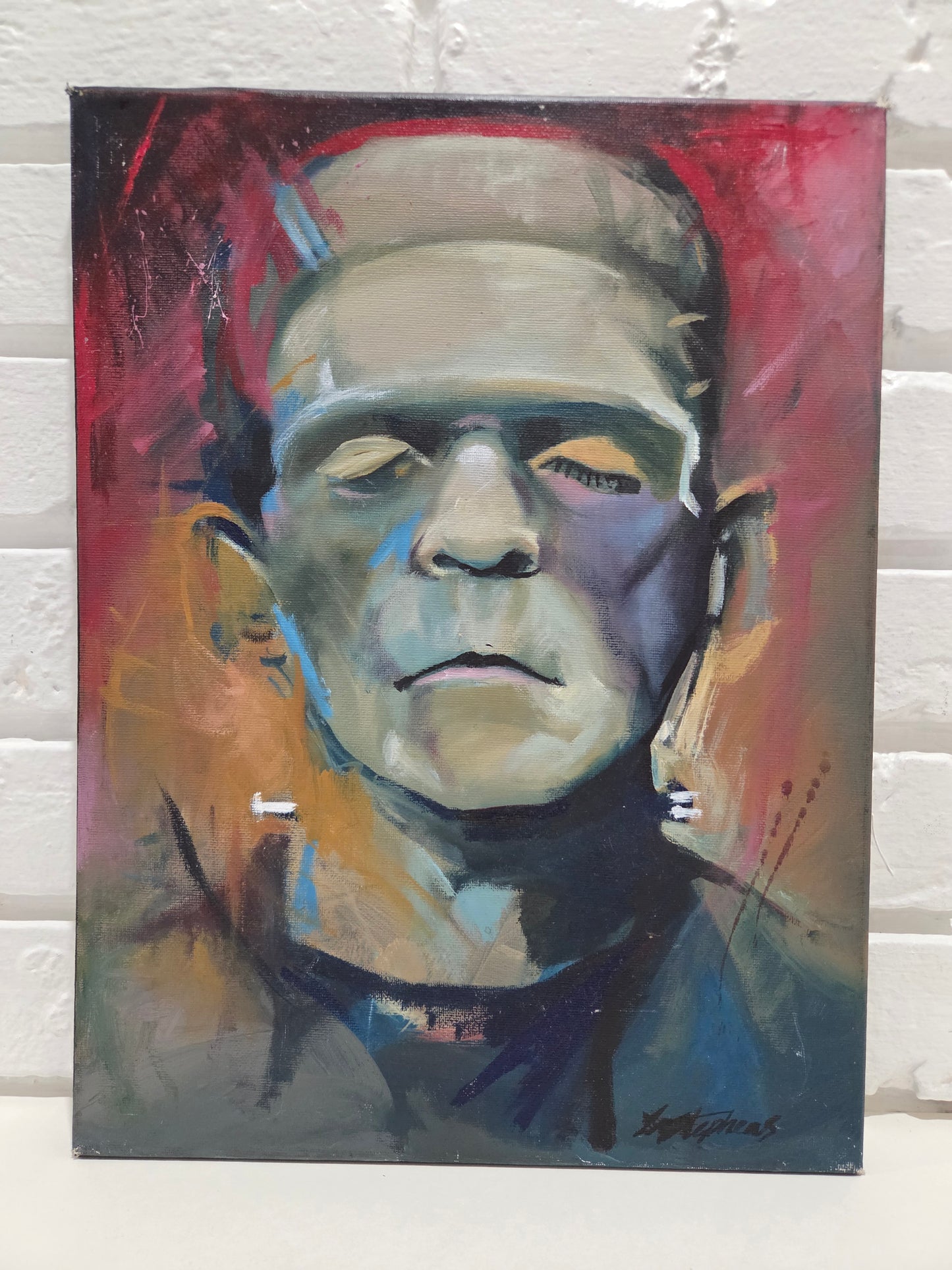 Frankenstein Monster Original Painting On Canvas Signed Horror Art Boris Karloff