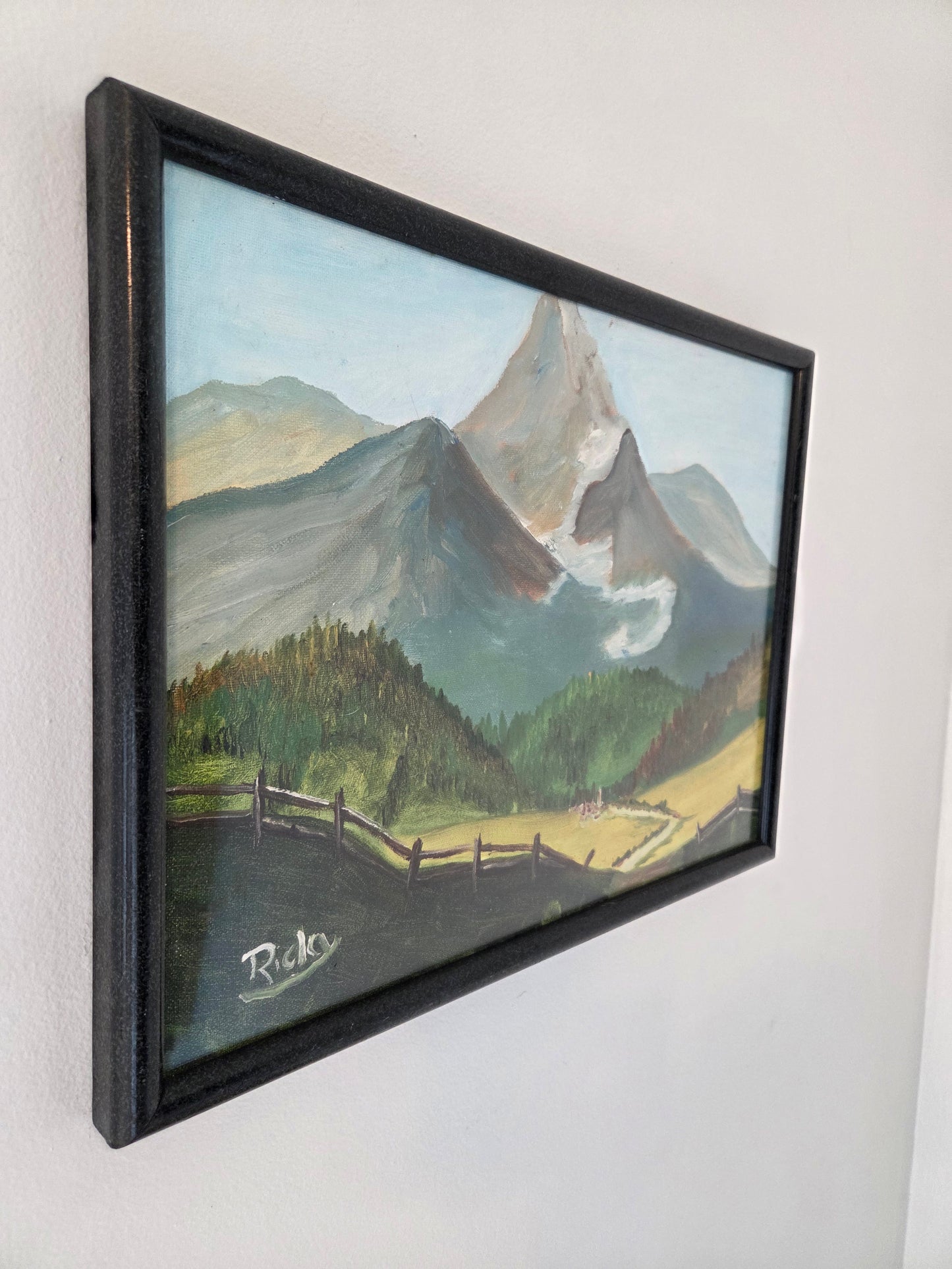 Mountain Valley Landscape Original Painting On Canvas Artwork Signed Framed Art