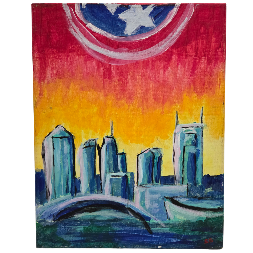 Original Acrylic Painting Canvas Captain America Shield Nashville TN Skyline Art
