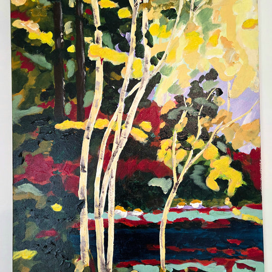 Original Forest Landscape Painting Birch Trees River Nature Acrylic Canvas Art