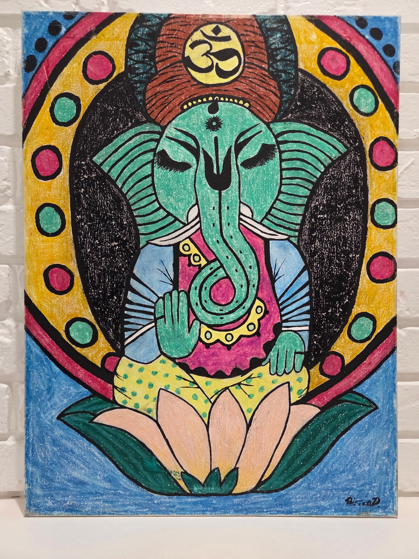 Hindu Ganesha Original Painting Elephant Lotus Meditation Spiritual Wall Artwork