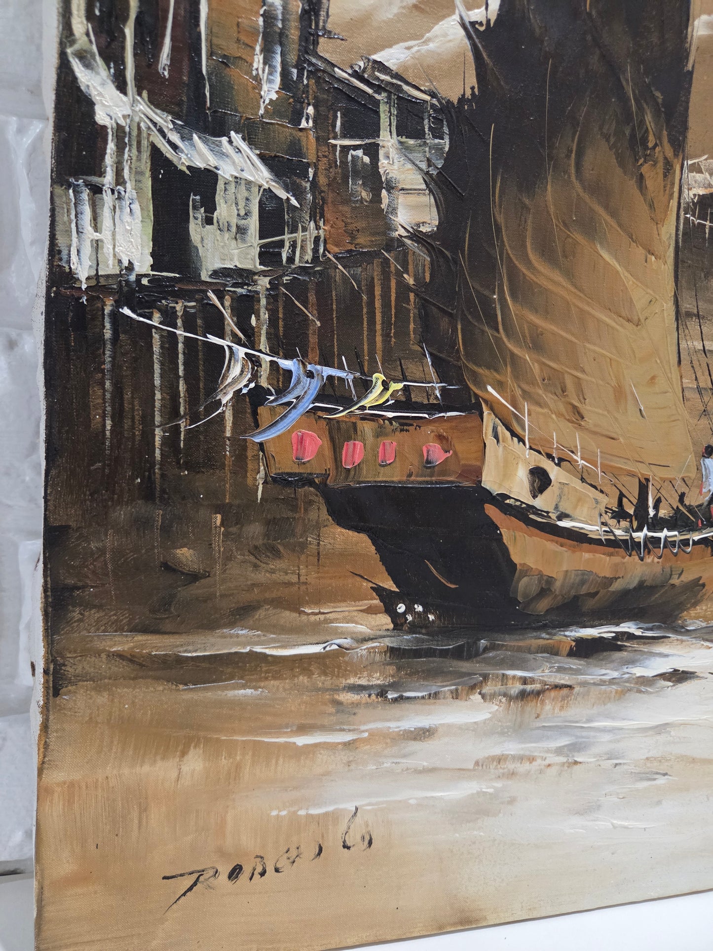 Asian Sailing Fishing Boat Ship Harbor Original Painting Canvas Signed Art Decor
