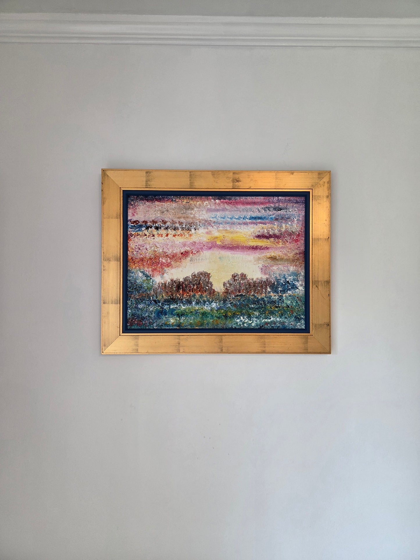 Original Abstract Landscape Oil Painting - Textured Sunset Wall Art - Vibrant Pink and Blue Impressionist Decor - Framed Impasto Nature Art