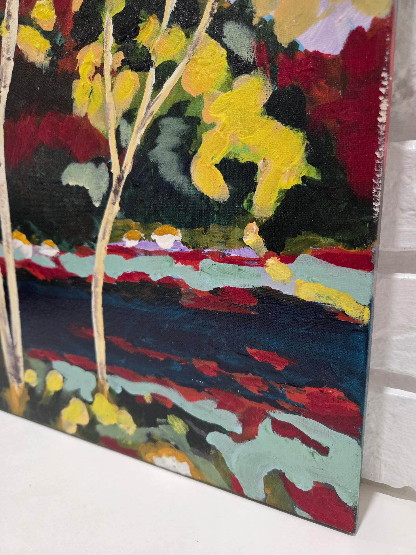 Original Forest Landscape Painting Birch Trees River Nature Acrylic Canvas Art