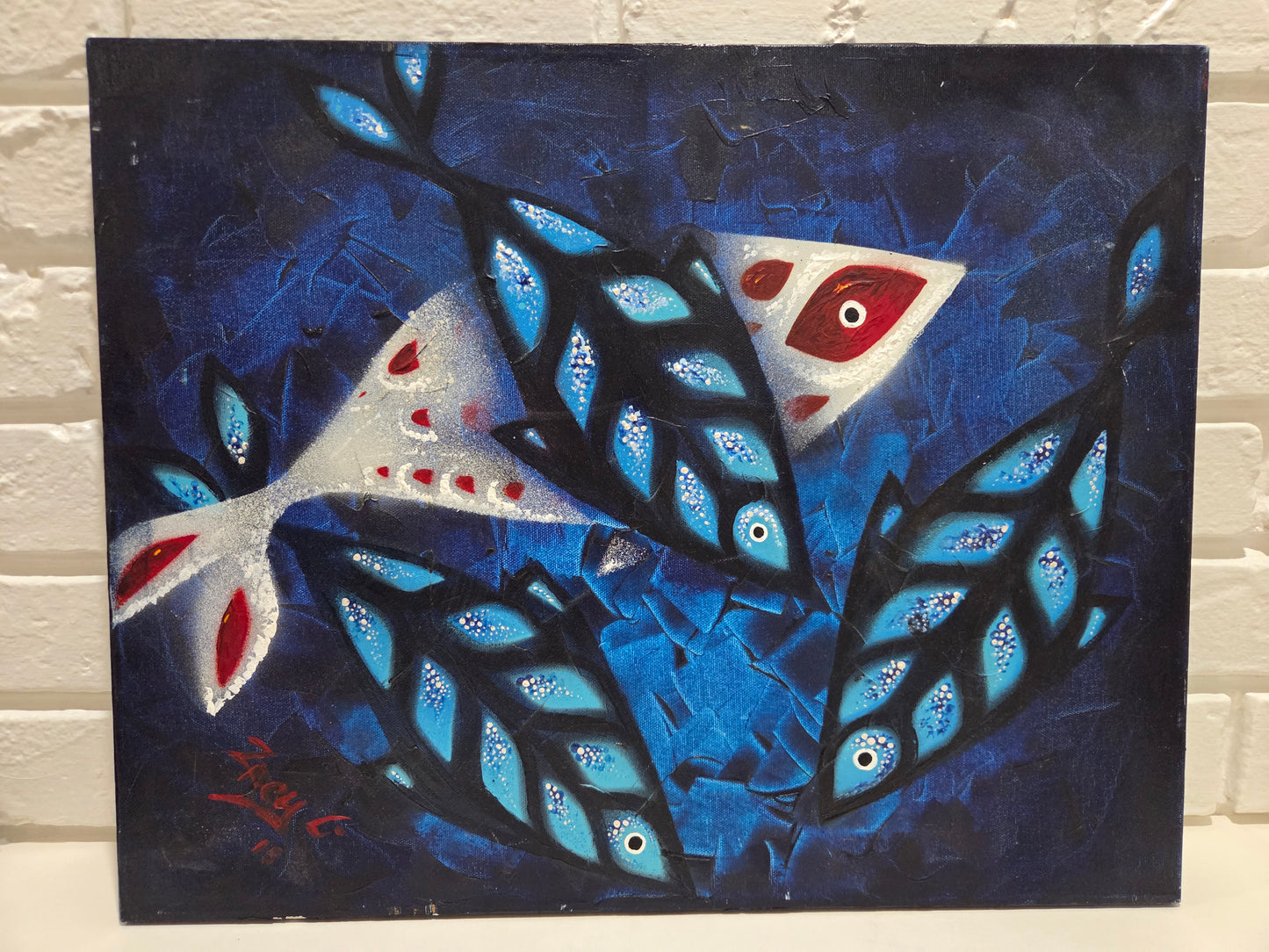 Original Painting Abstract Fish Blue Marine Ocean Mid Century Modern Art Signed
