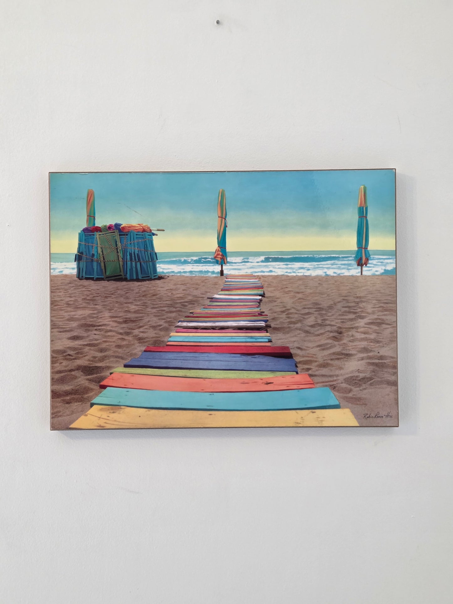 Coastal Beach Color Boardwalk Ocean Print Poster Art on Wood Wall Decor 23x17.5
