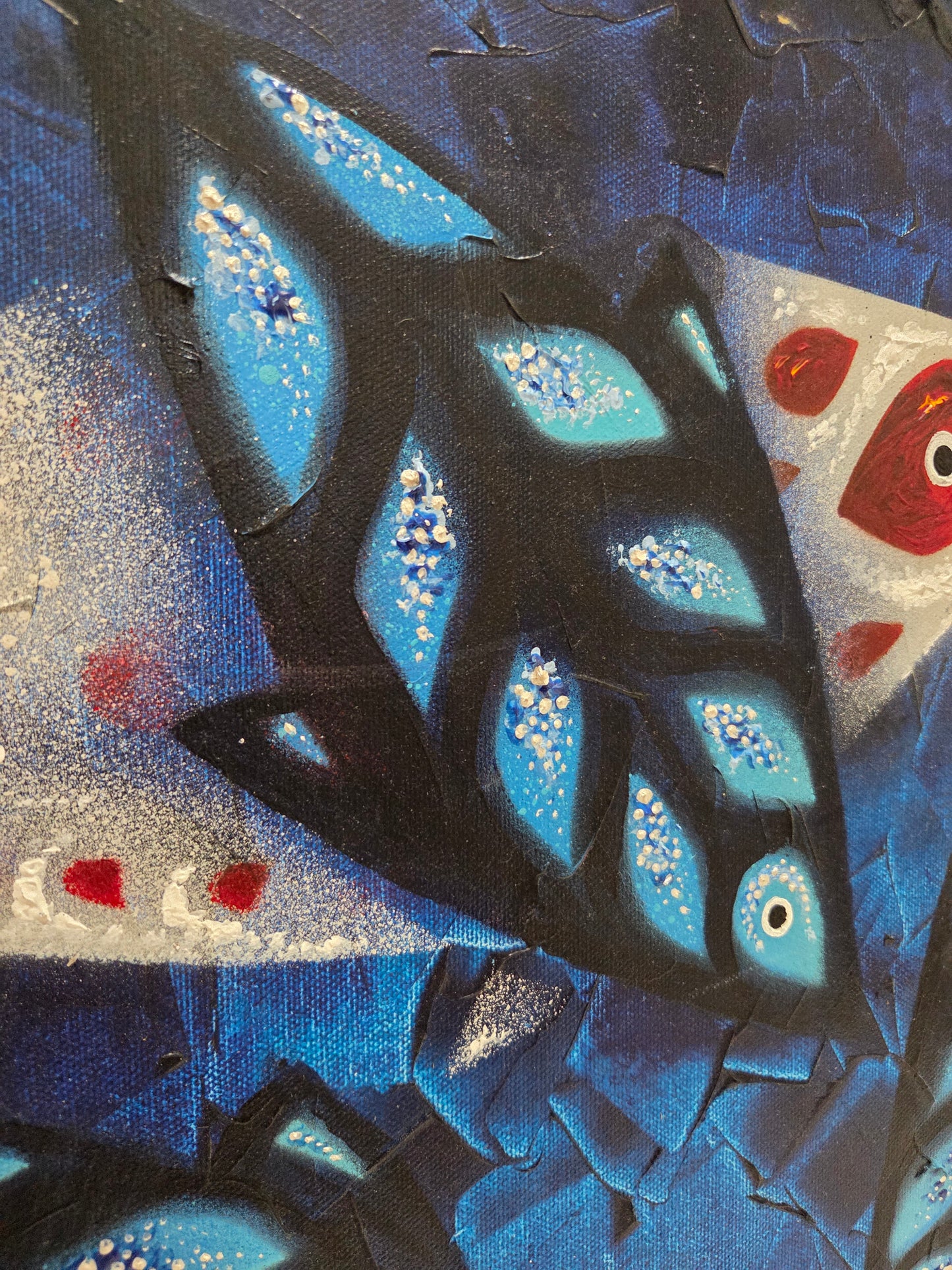 Original Painting Abstract Fish Blue Marine Ocean Mid Century Modern Art Signed