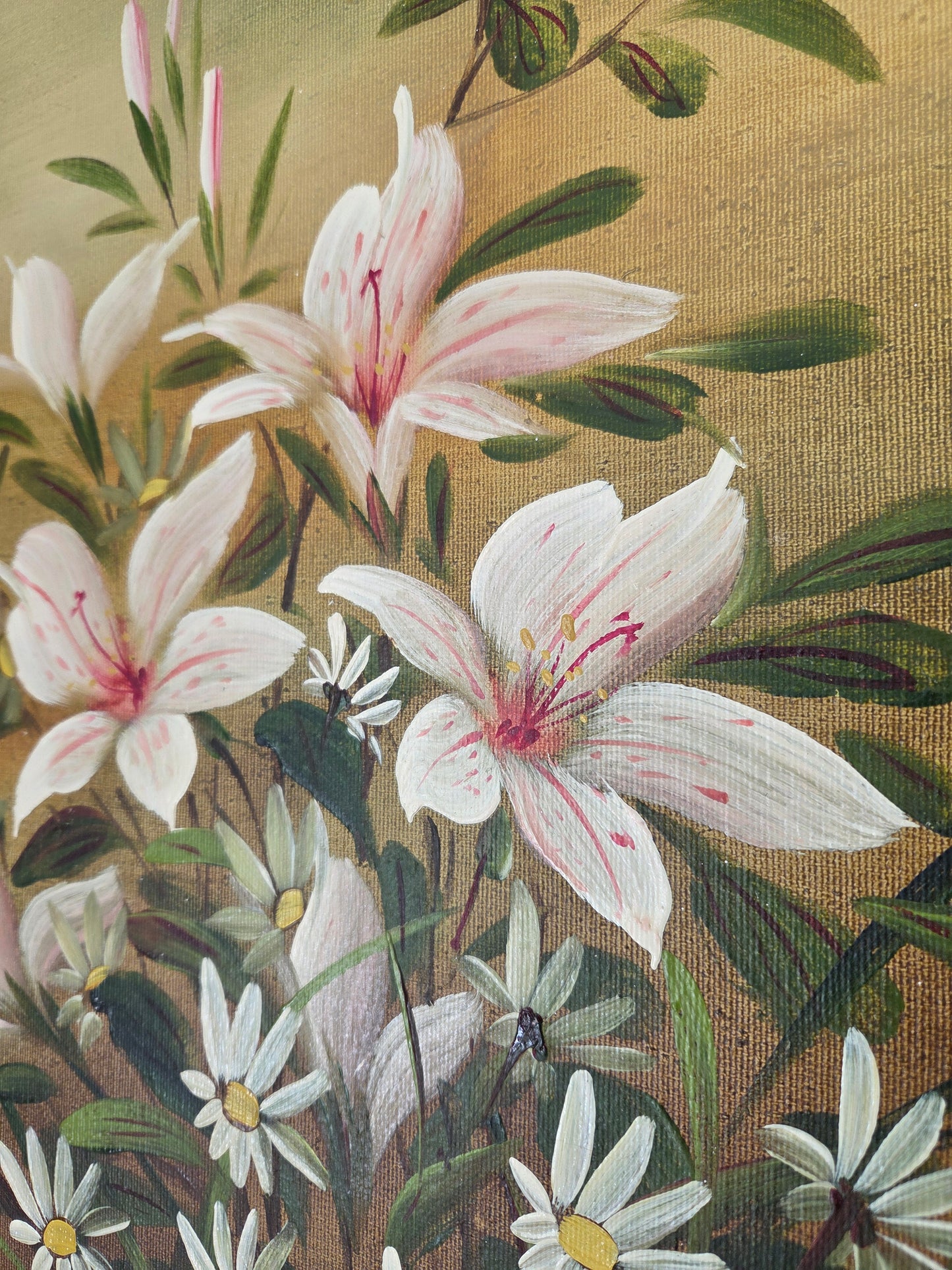 Original Framed Floral Oil Painting: Pink Lilies, Daisies, Butterflies Art Decor