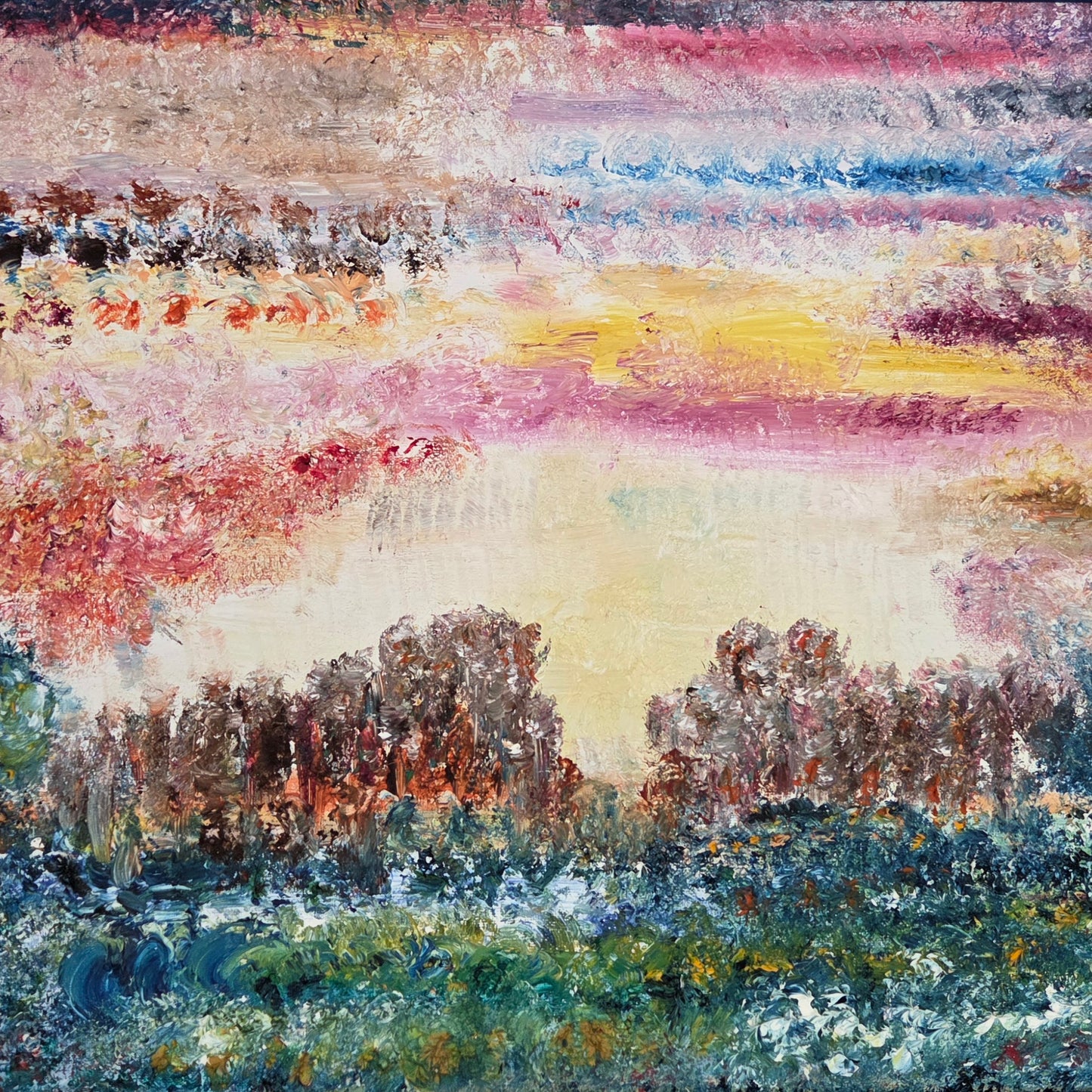 Original Abstract Landscape Oil Painting - Textured Sunset Wall Art - Vibrant Pink and Blue Impressionist Decor - Framed Impasto Nature Art