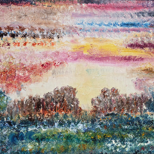 Original Abstract Landscape Oil Painting - Textured Sunset Wall Art - Vibrant Pink and Blue Impressionist Decor - Framed Impasto Nature Art