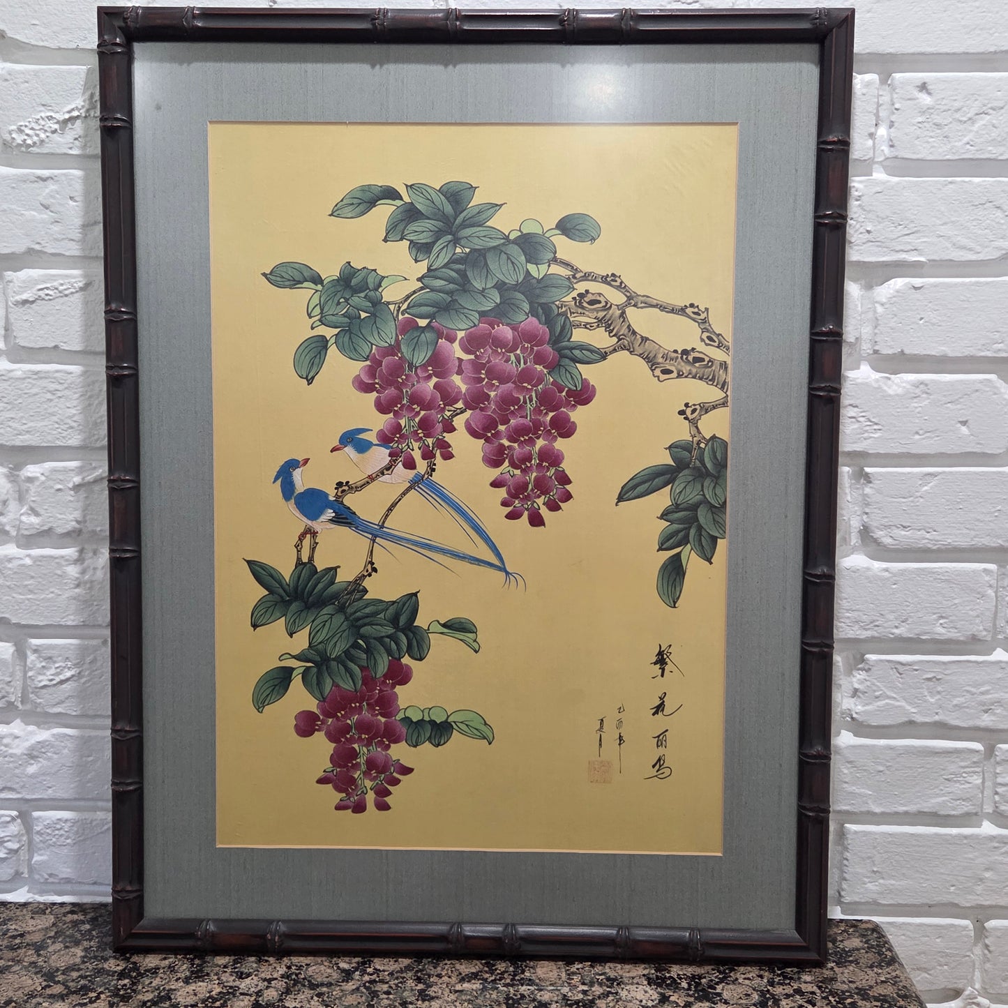Japanese Original Painting On Silk Signed Long Tail Blue Birds Blooming Wisteria