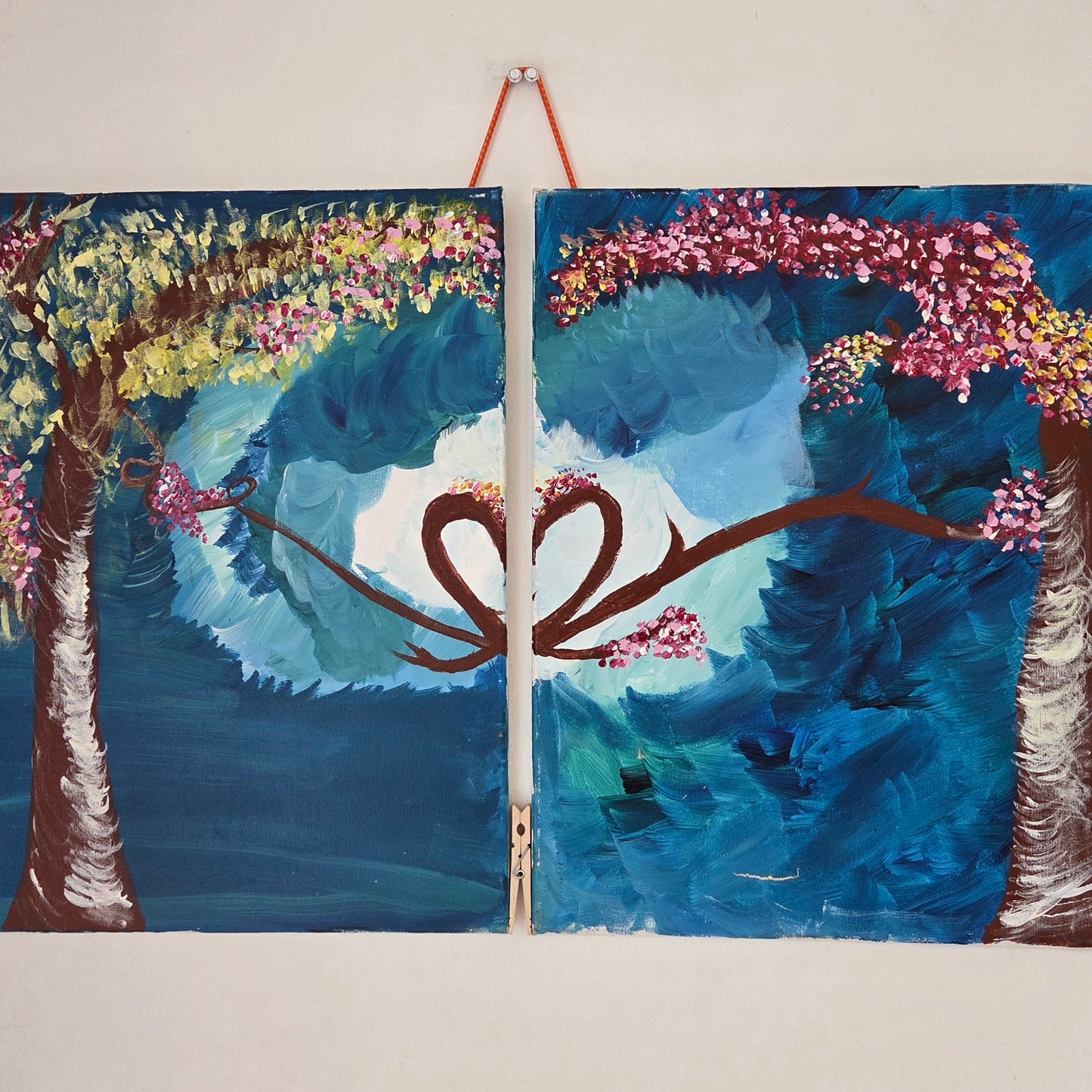 Original Diptych Tree Painting Heart Branches Romantic Cherry Blossom Canvas Art