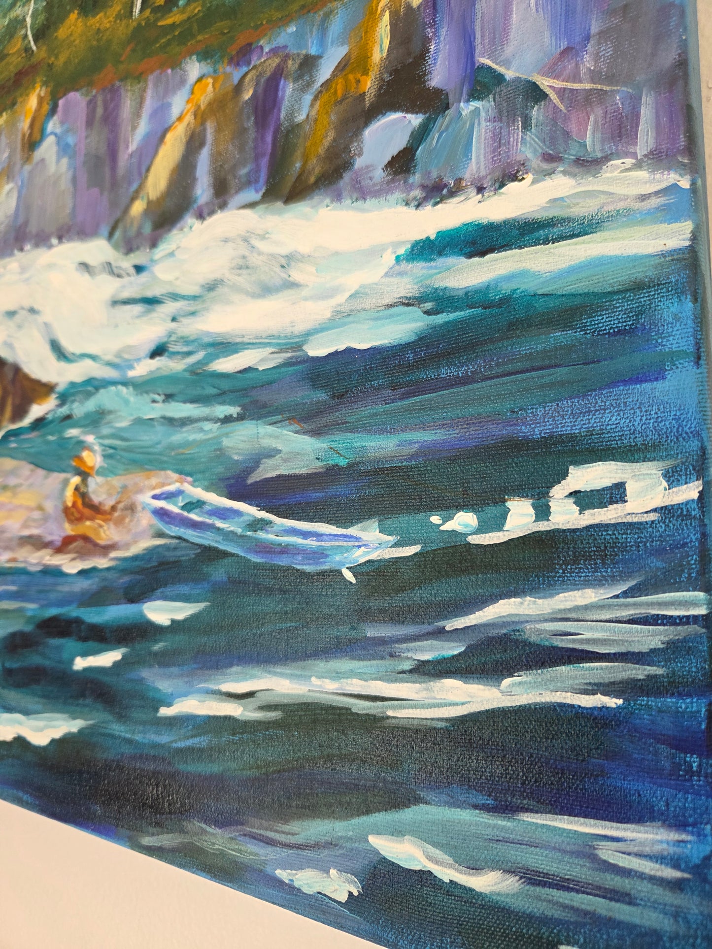 Original River Landscape Painting – Forest Waterfall Kayak Scene – Nature Acrylic Canvas Wall Art