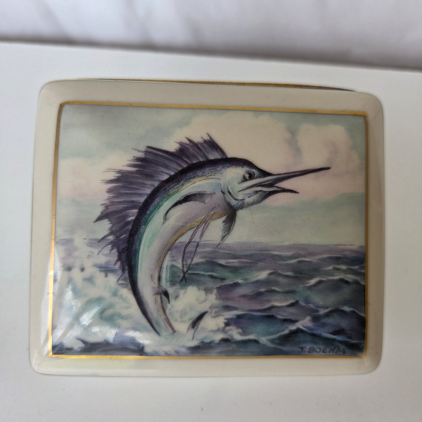 J.Boehm Porcelin Trinket Box Swordfish Sailfish Marlin Ocean Gold Trim Ceramic