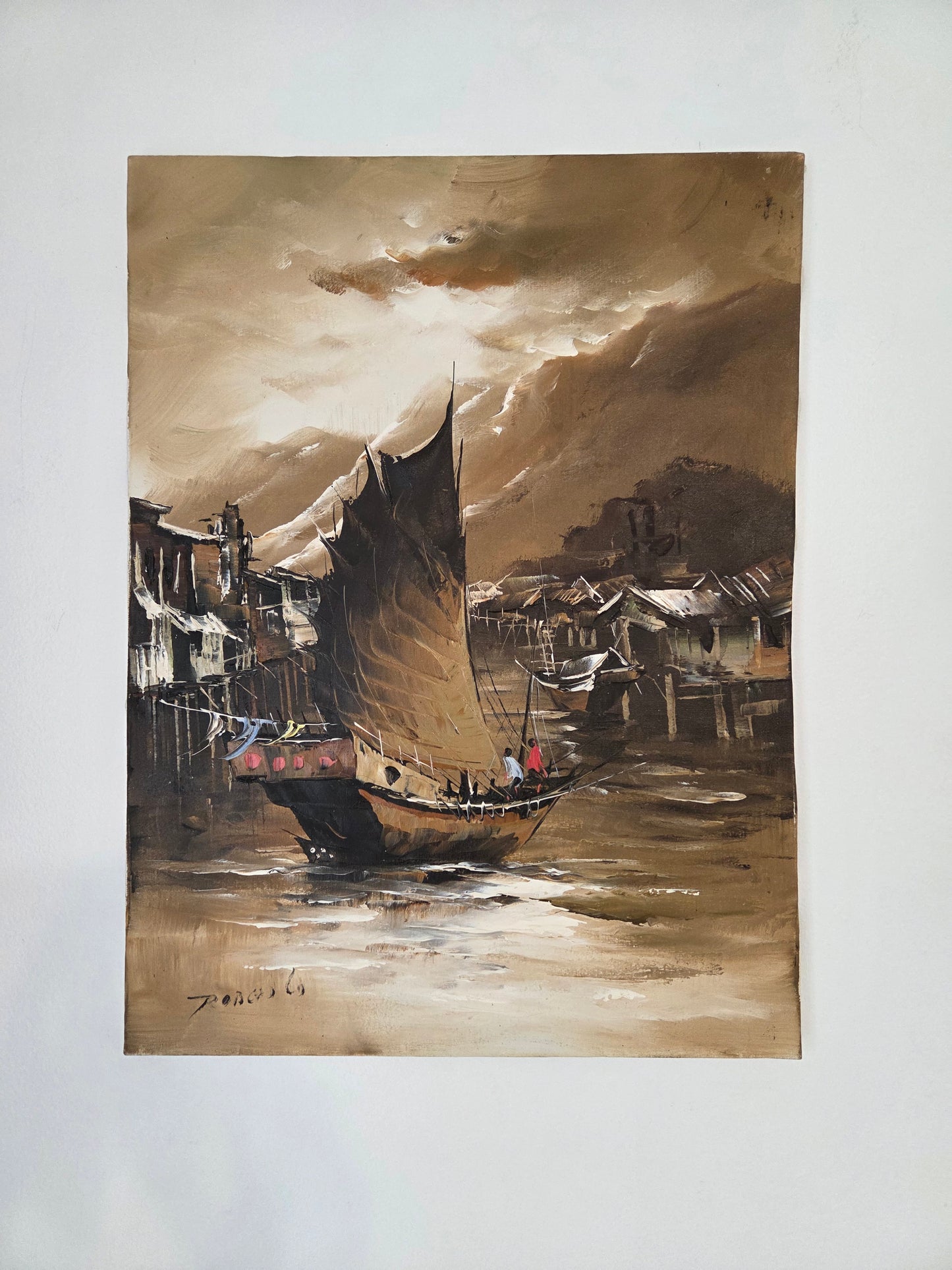 Original Asian Sail Boat Ship Harbor Painting Seascape Canvas Art Maritime Decor