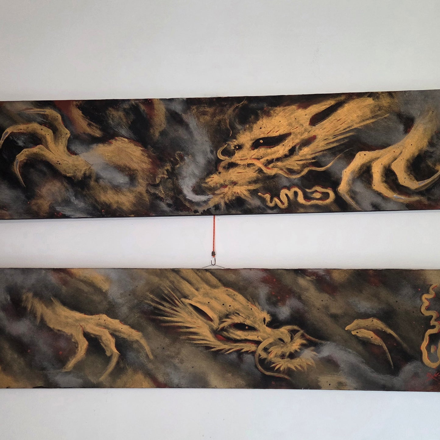 Original Spray Paint Art Gold Dragons Metallic Smoking 2-Piece Set Canvas Signed