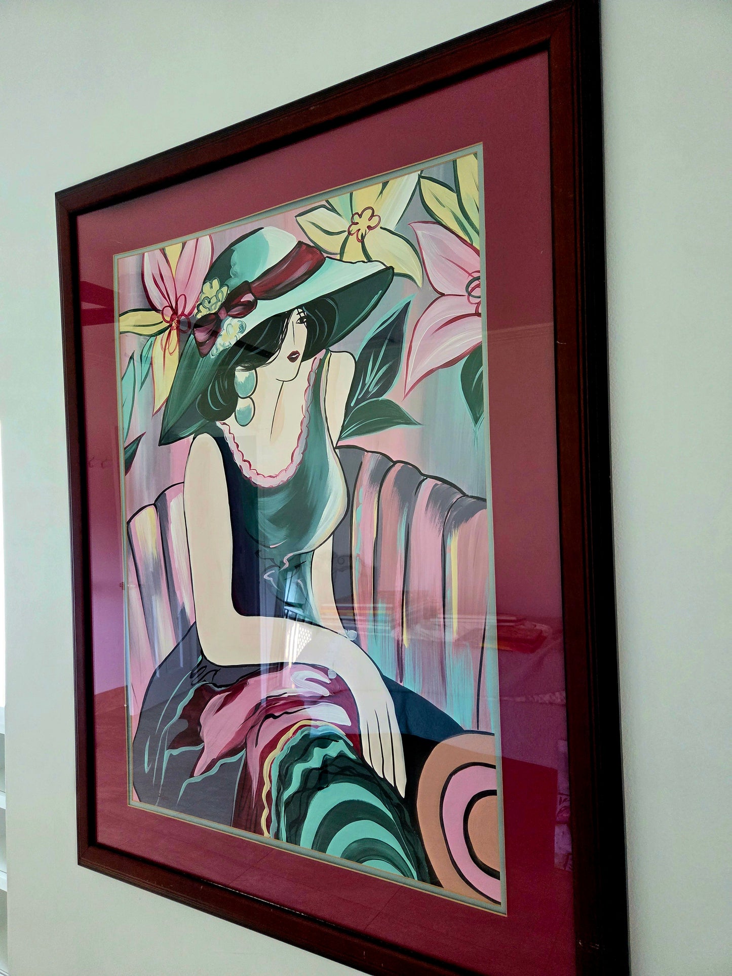Original Acrylic Painting Elegant Woman in Floral Hat Portrait Fashion Wall Art