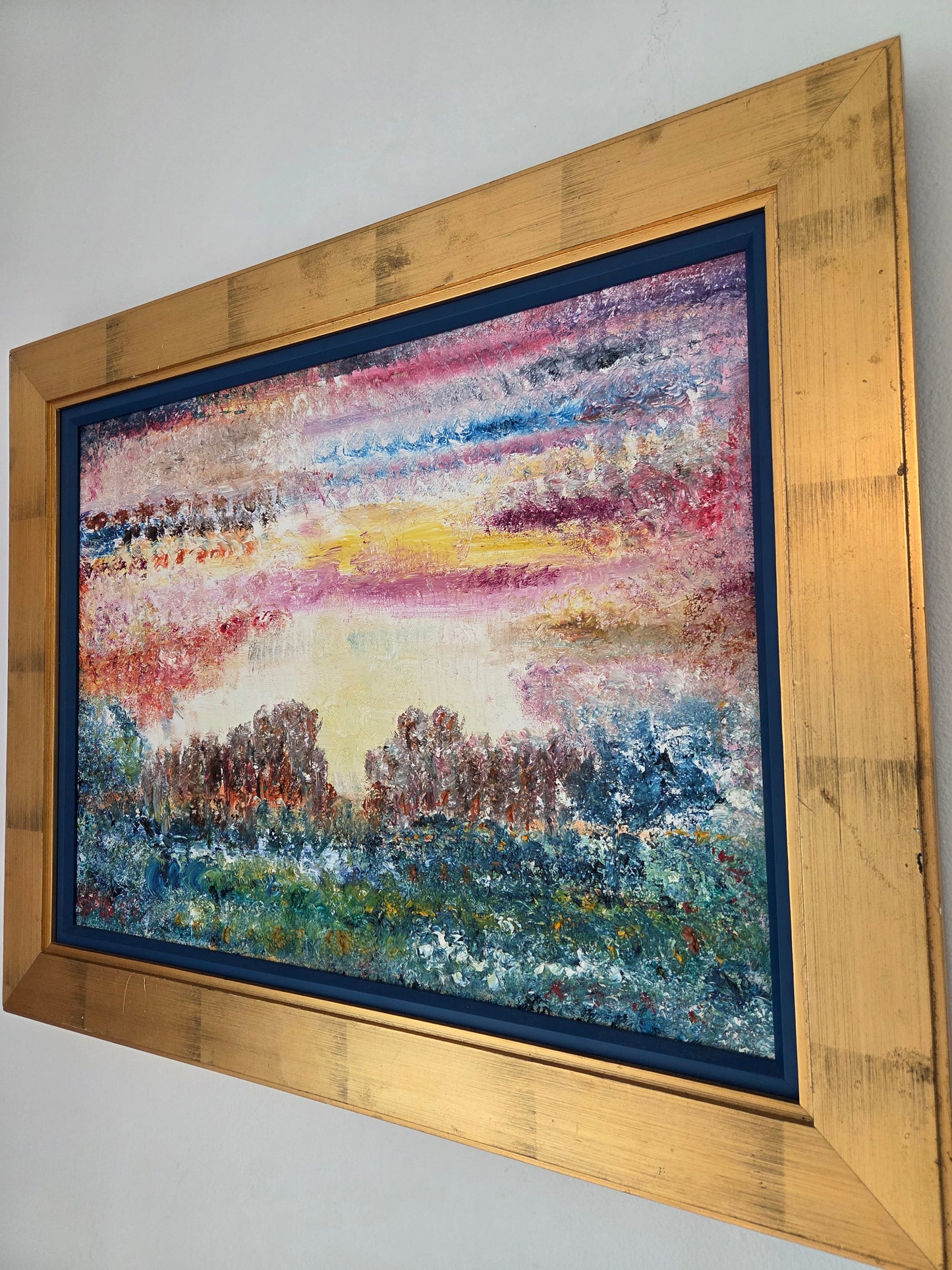 Original Abstract Landscape Oil Painting - Textured Sunset Wall Art - Vibrant Pink and Blue Impressionist Decor - Framed Impasto Nature Art