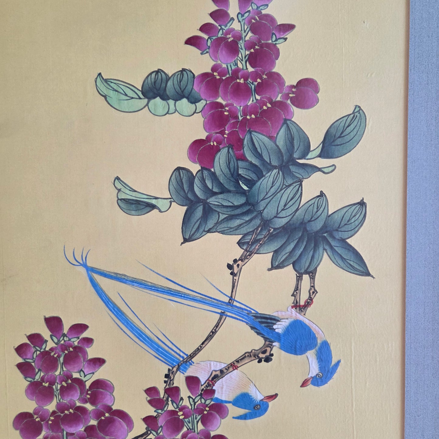 Japanese Original Painting On Silk Signed Long Tail Blue Birds Blooming Wisteria