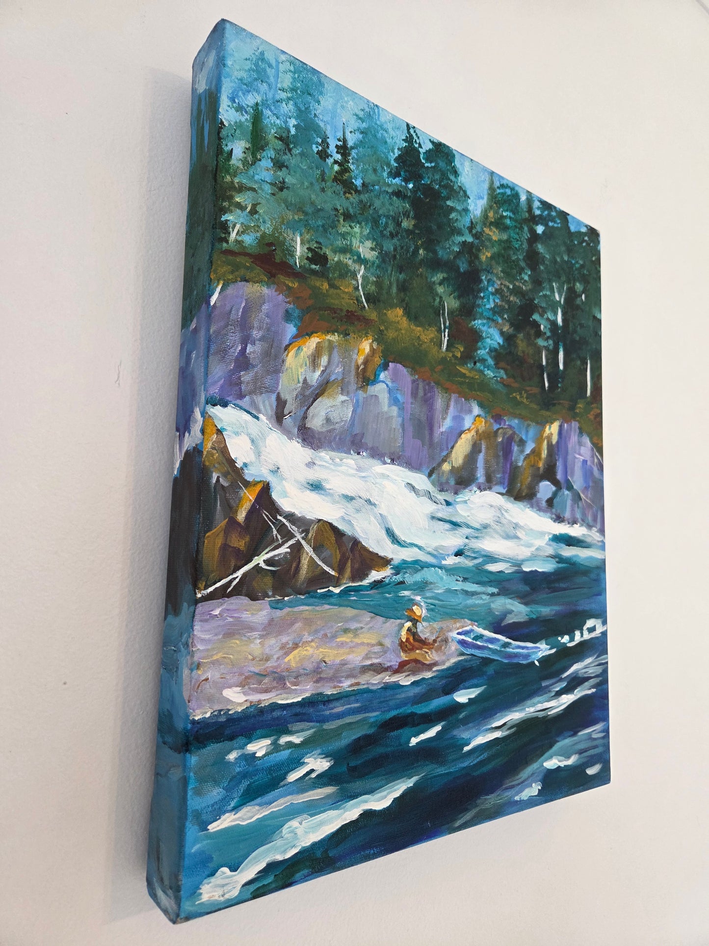 Original River Landscape Painting – Forest Waterfall Kayak Scene – Nature Acrylic Canvas Wall Art