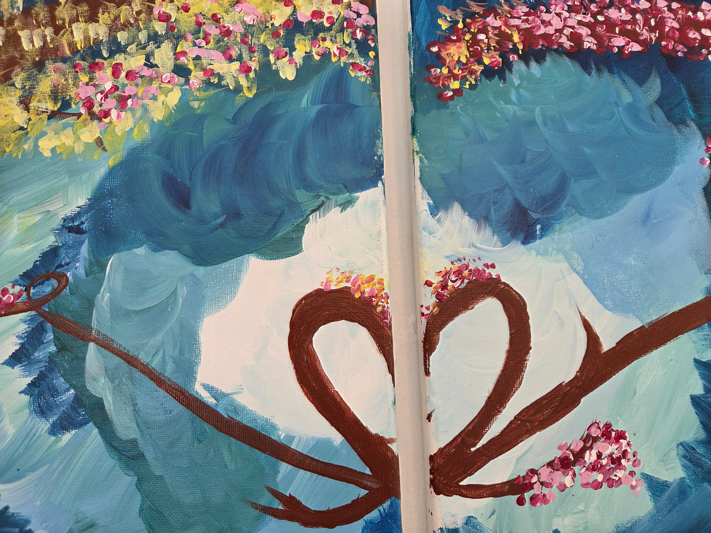 Original Diptych Tree Painting Heart Branches Romantic Cherry Blossom Canvas Art