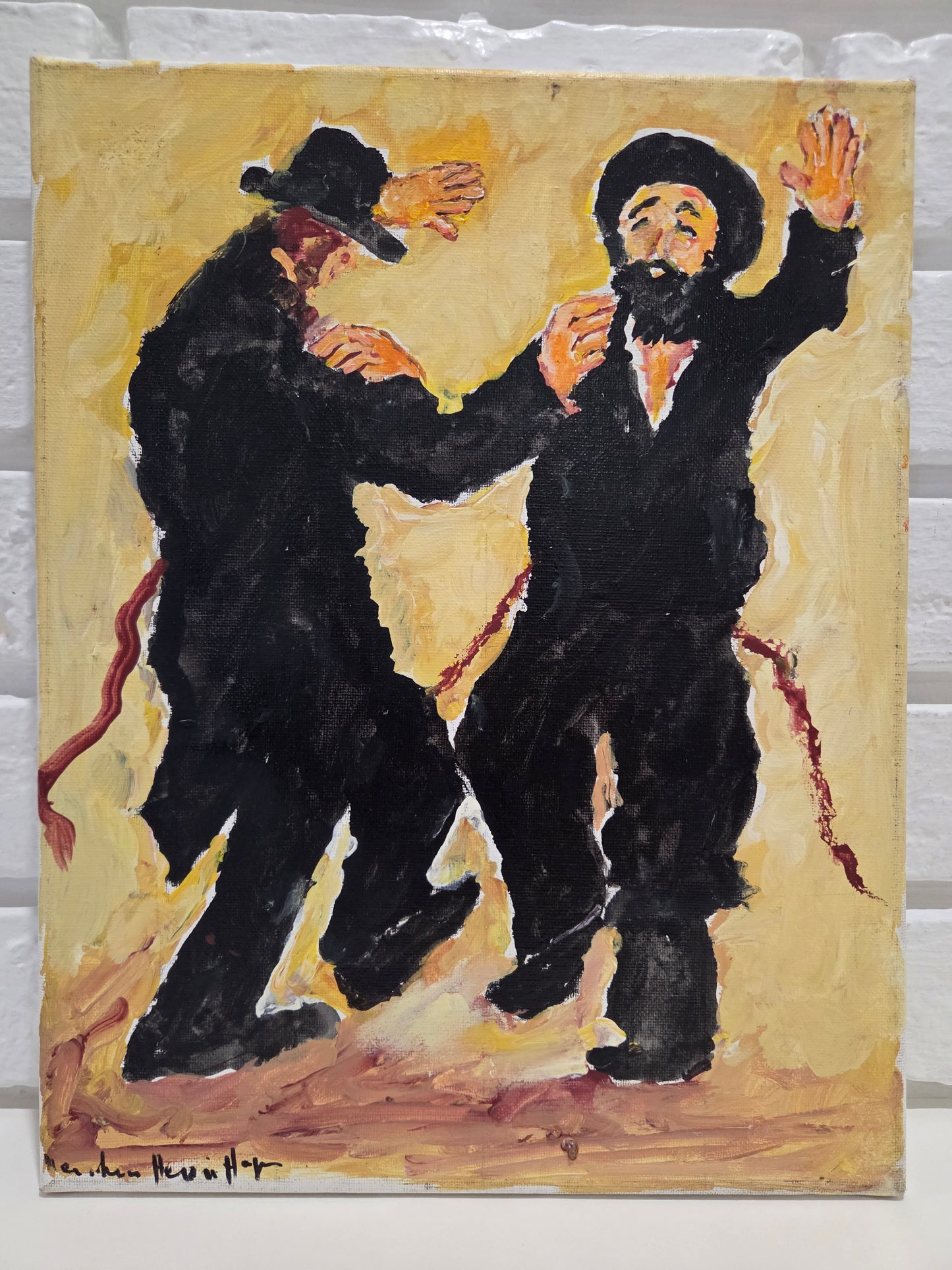 Original Acrylic Painting Canvas Judaica Artwork Hasidic Men Dancing Art Signed
