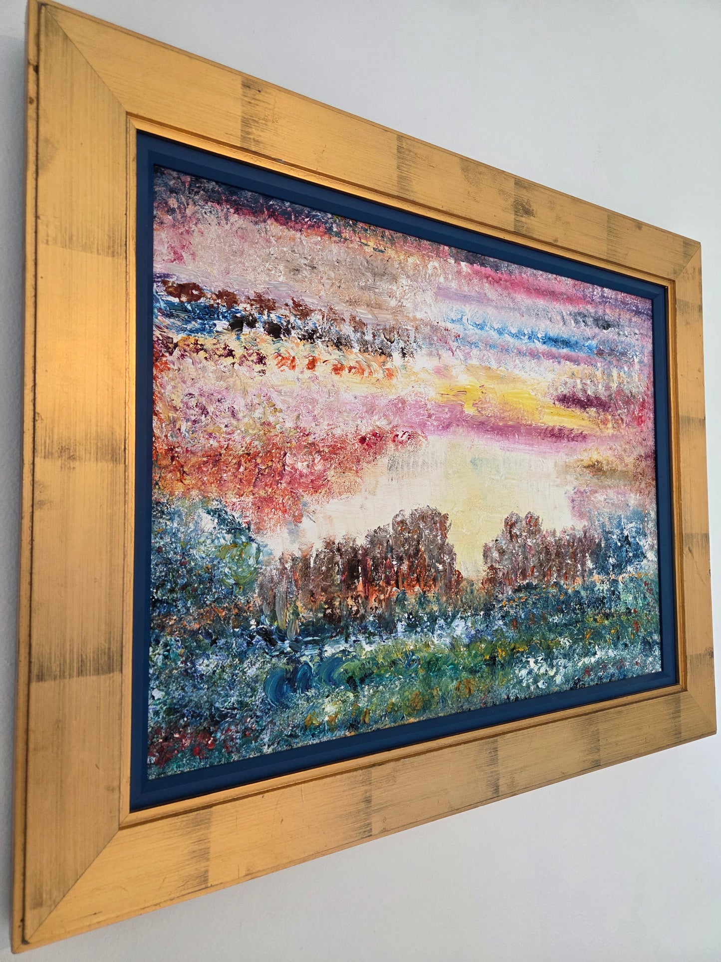 Original Abstract Landscape Oil Painting - Textured Sunset Wall Art - Vibrant Pink and Blue Impressionist Decor - Framed Impasto Nature Art