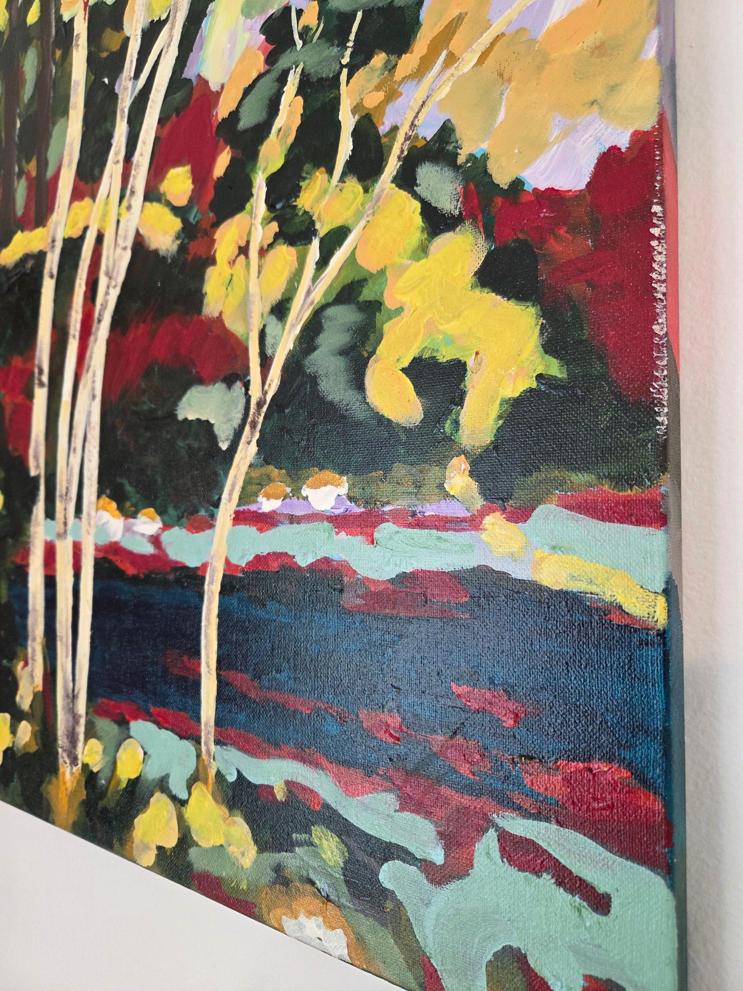 Original Forest Landscape Painting Birch Trees River Nature Acrylic Canvas Art