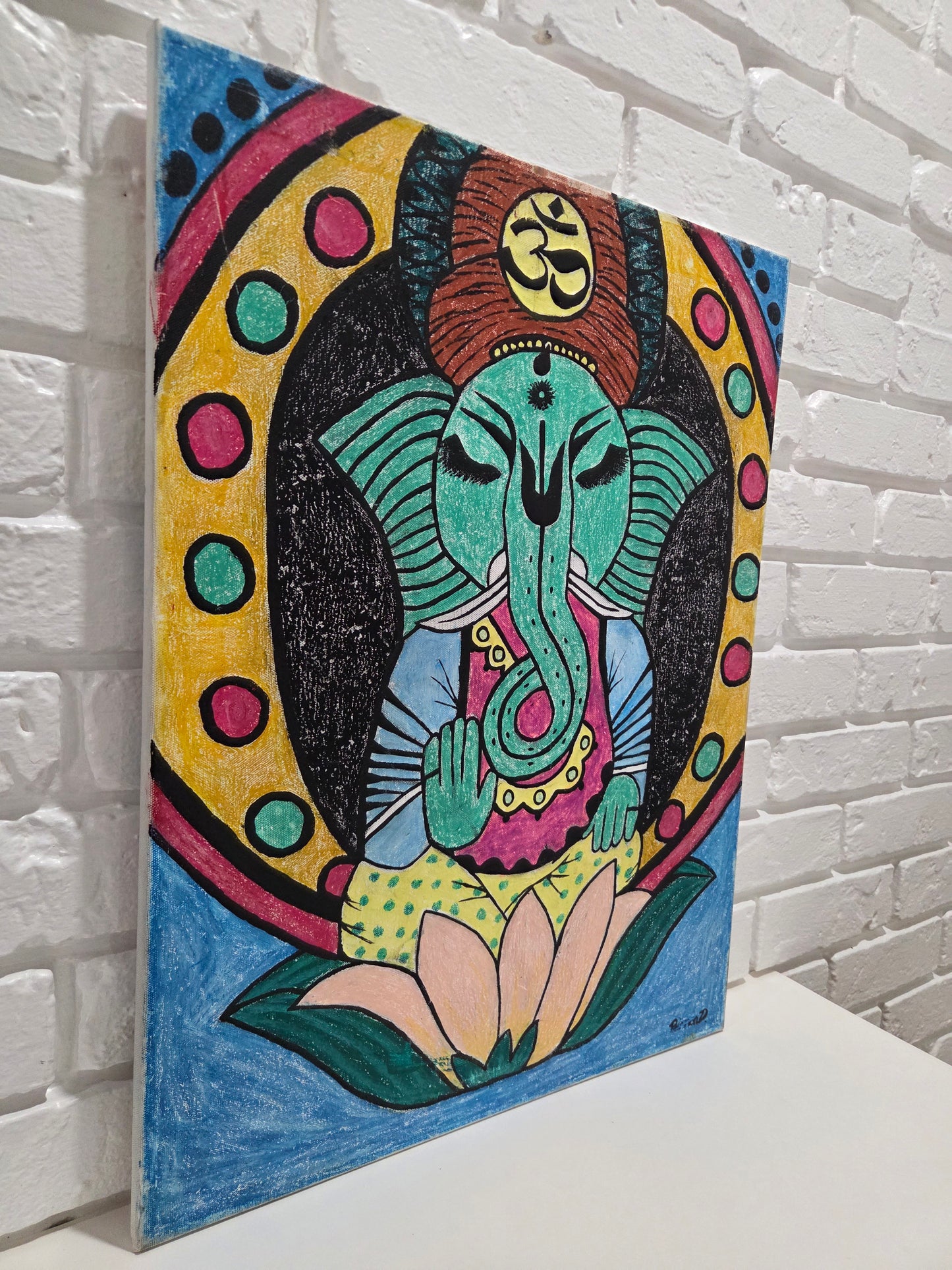 Hindu Ganesha Original Painting Elephant Lotus Meditation Spiritual Wall Artwork