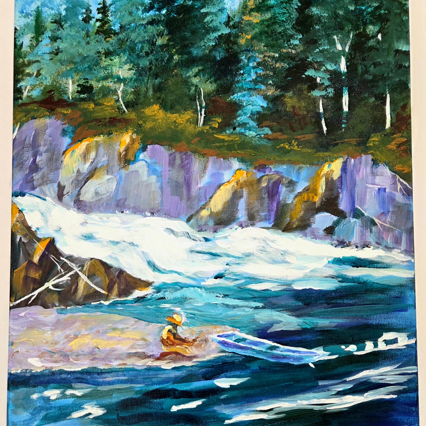 Original River Landscape Painting – Forest Waterfall Kayak Scene – Nature Acrylic Canvas Wall Art